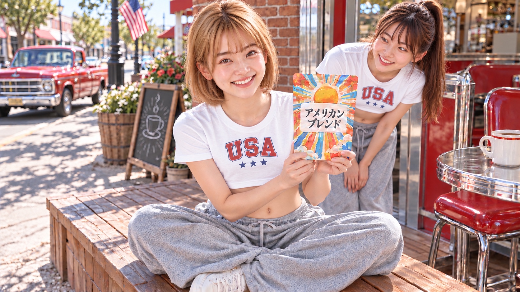 ダイナー前でアメリカンブレンドを持つHINATAを、お揃いの白いTシャツとグレーのパンツ姿のYUMEが後ろから興味津々に覗き込む様子