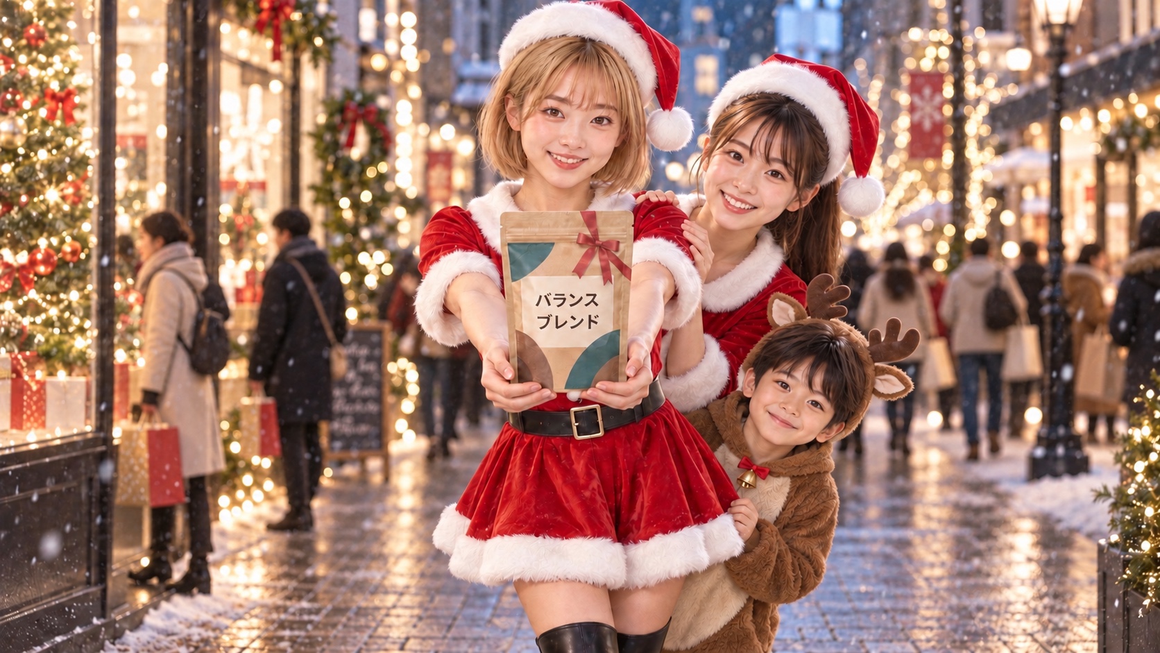 サンタ衣装のHINATAがバランスブレンドを差し出し、右後ろからサンタ姿のYUMEとトナカイ姿のYUTAが顔を出す冬の街の様子