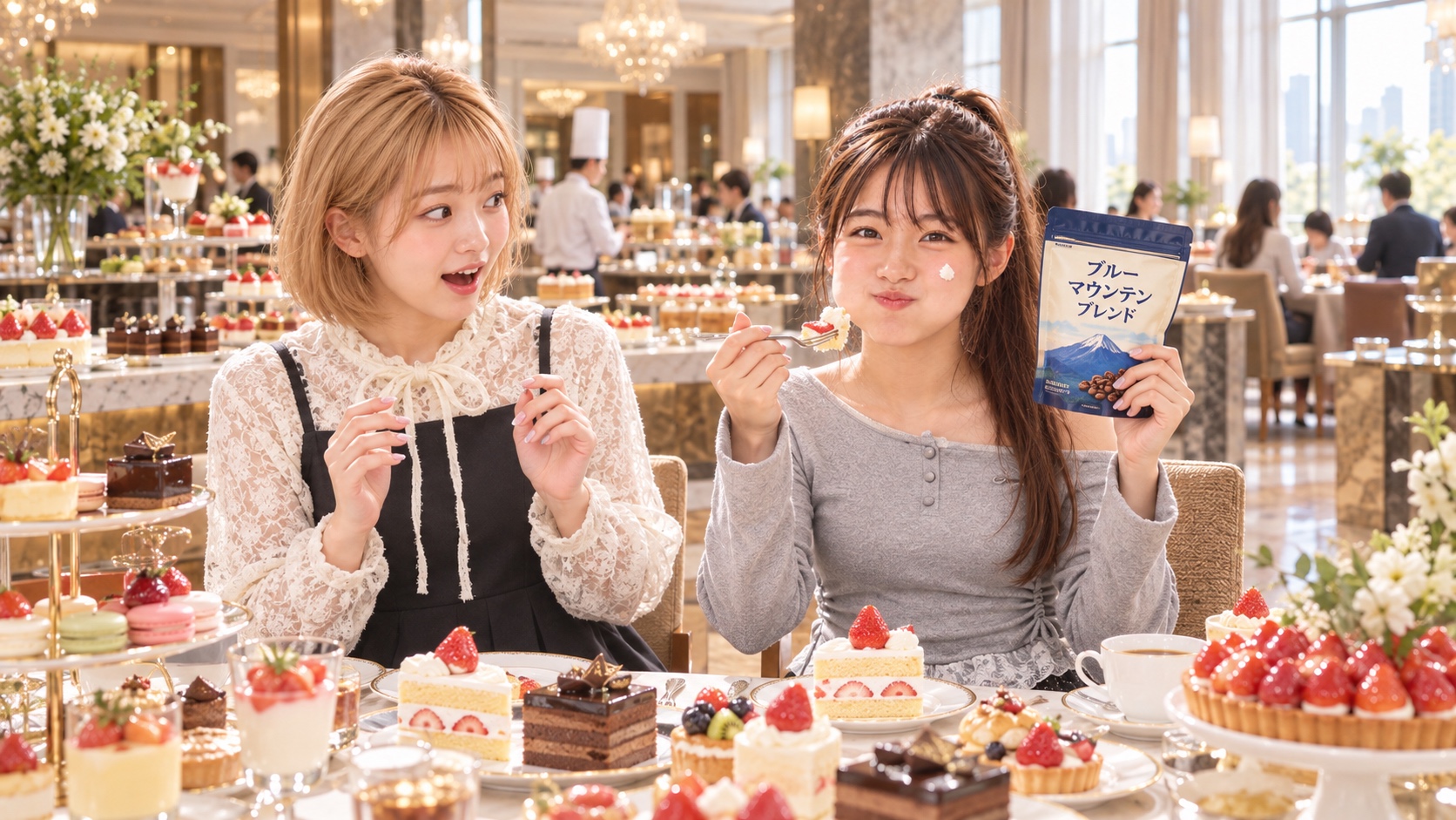 ホテルのスイーツバイキングで、グレーの肩出し服のYUMEが頬にクリームをつけてケーキを頬張りながらブルーマウンテンブレンドを掲げ、隣の黒と白レースの服のHINATAが口を開けて驚く様子
