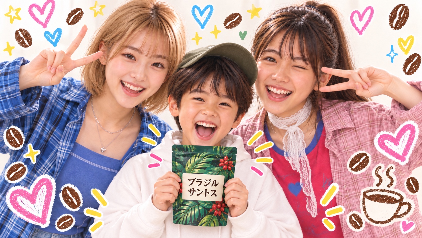白パーカーと帽子姿のYUTAが中央でブラジル サントスの緑の袋を掲げ、左のHINATAが笑い、右のYUMEが横ピースとウィンクをするプリクラ風の画像