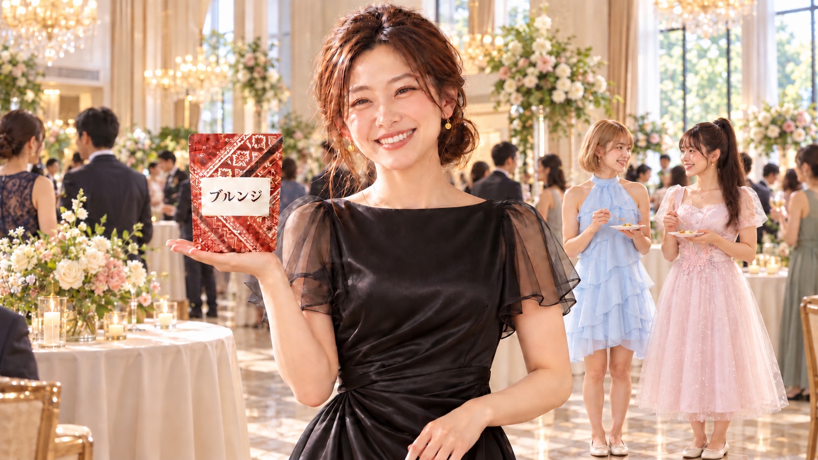 賑やかな広いパーティー会場で黒いドレスのKANNAがブルンジを紹介し、後ろで水色のドレスのHINATAとピンクのドレスのYUMEが歓談する様子