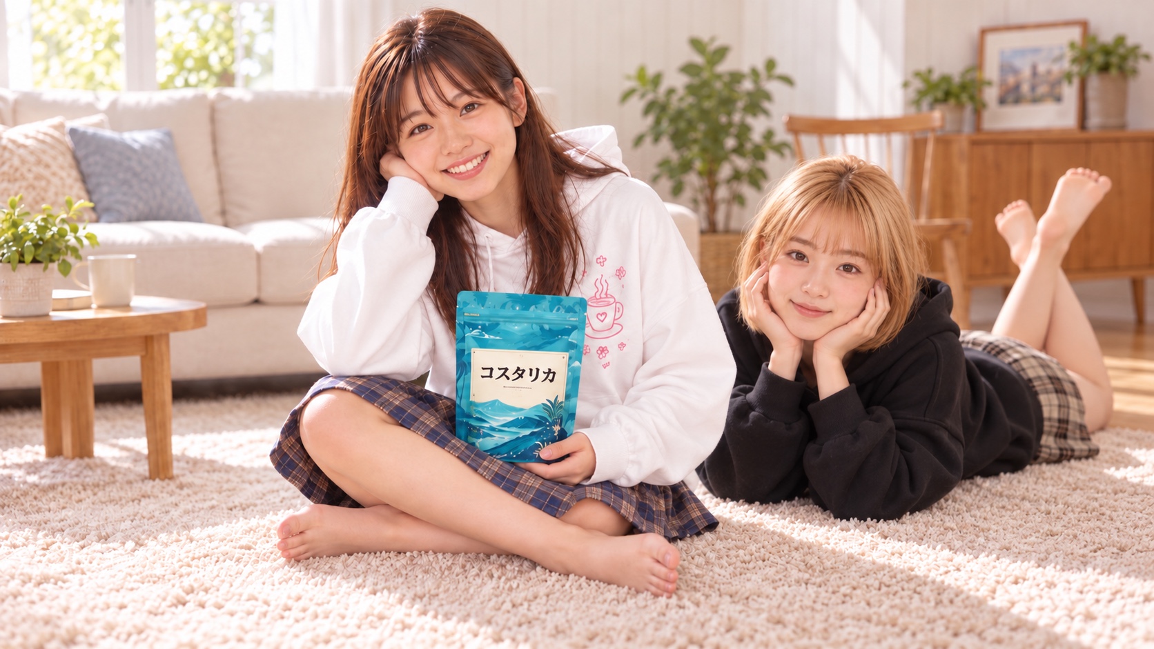 コスタリカを紹介する白いパーカー姿のYUMEの右奥で、黒いパーカーとチェックのスカートを着た素足のHINATAが寝そべり、両手でほおづえをついてくつろぐ様子
