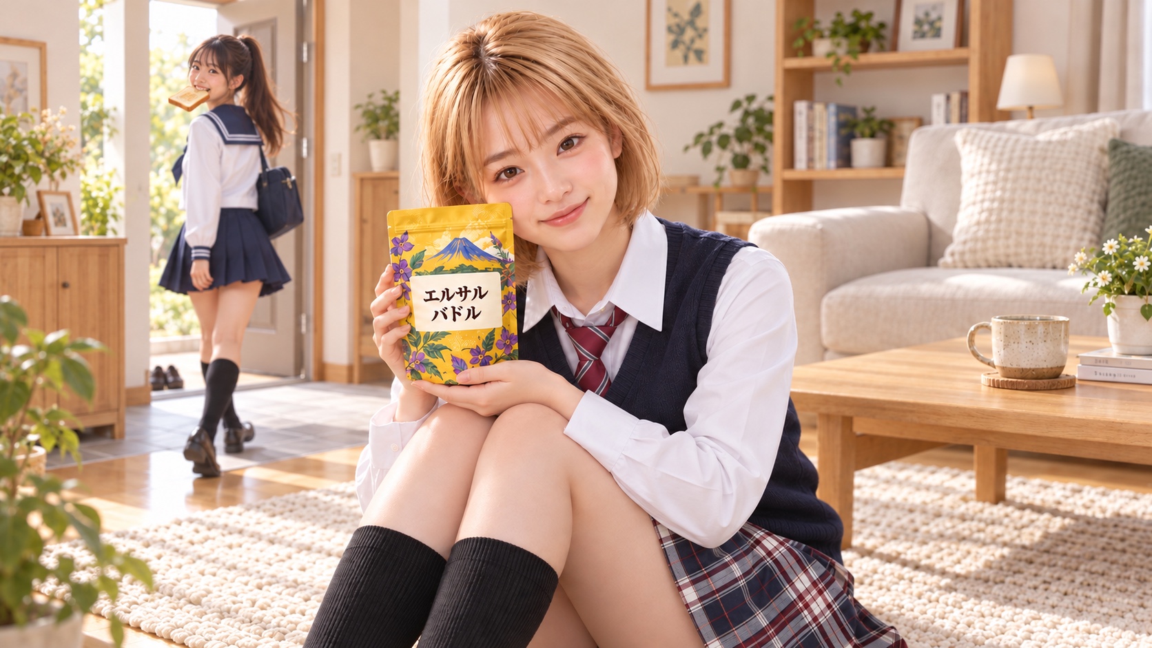エルサルバドルの袋を持つHINATAの後ろで、セーラー服のYUMEが食パンを咥えて玄関へ向かう朝の様子