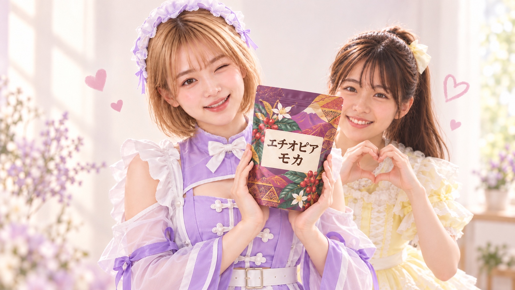 淡い紫のアイドル衣装でエチオピア モカを持つHINATAの右奥で、黄色いアイドル衣装のYUMEが両手でハートを作る様子