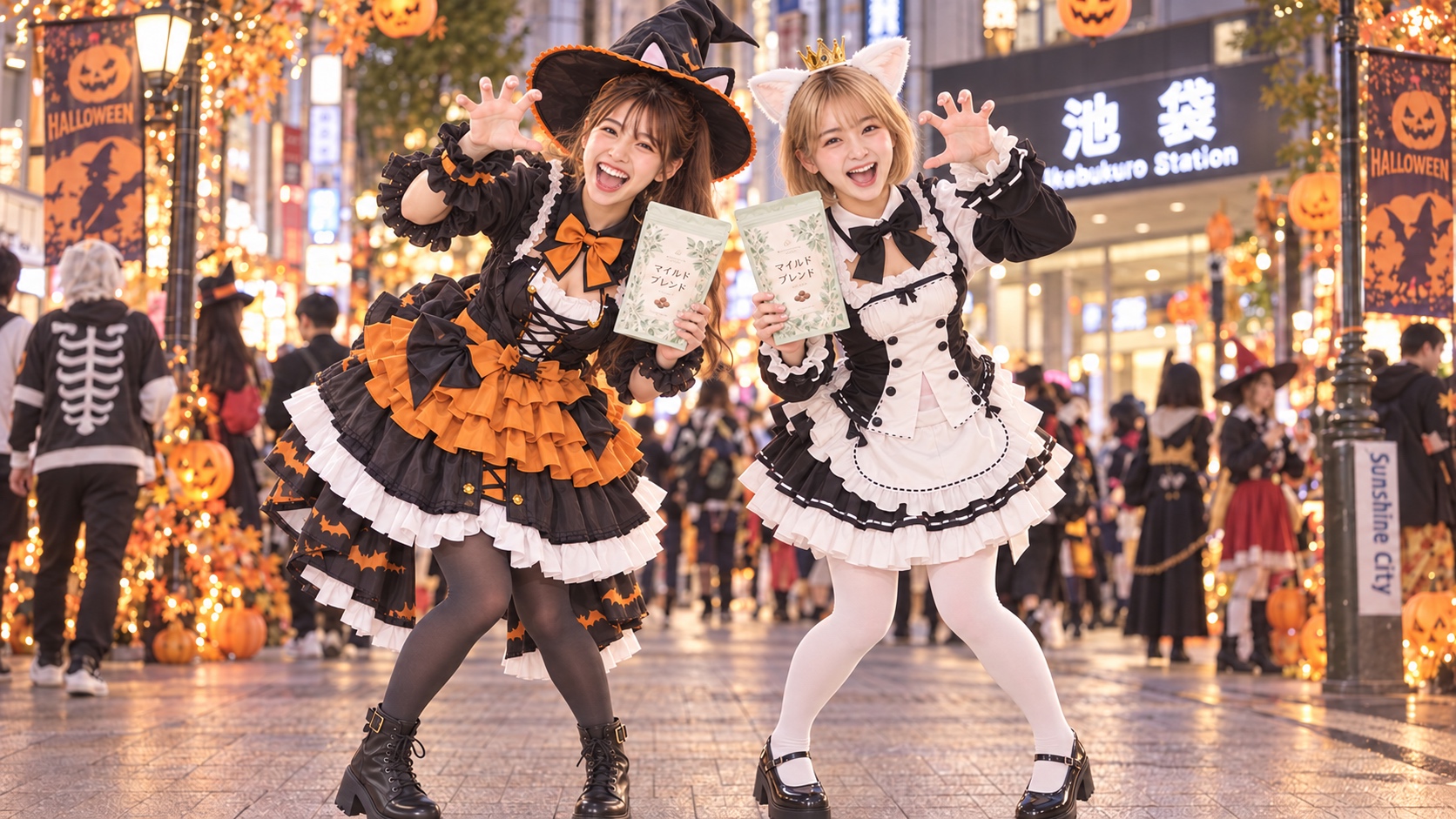 ハロウィンの池袋で魔女風のYUMEと猫風のHINATAが、元気いっぱいのガオーのポーズでマイルドブレンドを紹介する様子