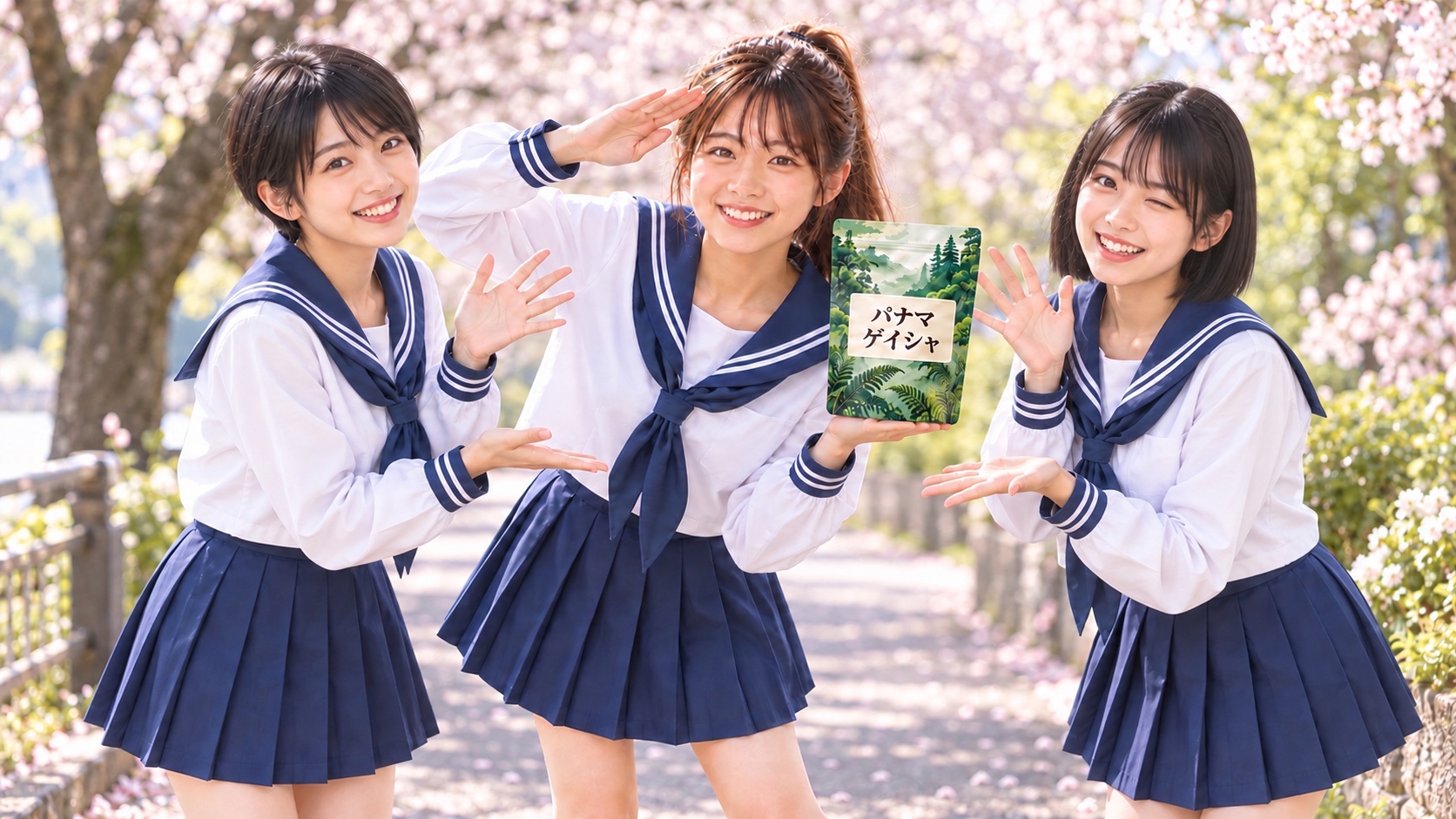 桜並木でパナマ ゲイシャを紹介する中央のYUMEを、左の黒髪ショートと右の黒髪ボブでウィンクする同級生が笑顔で盛り上げる様子