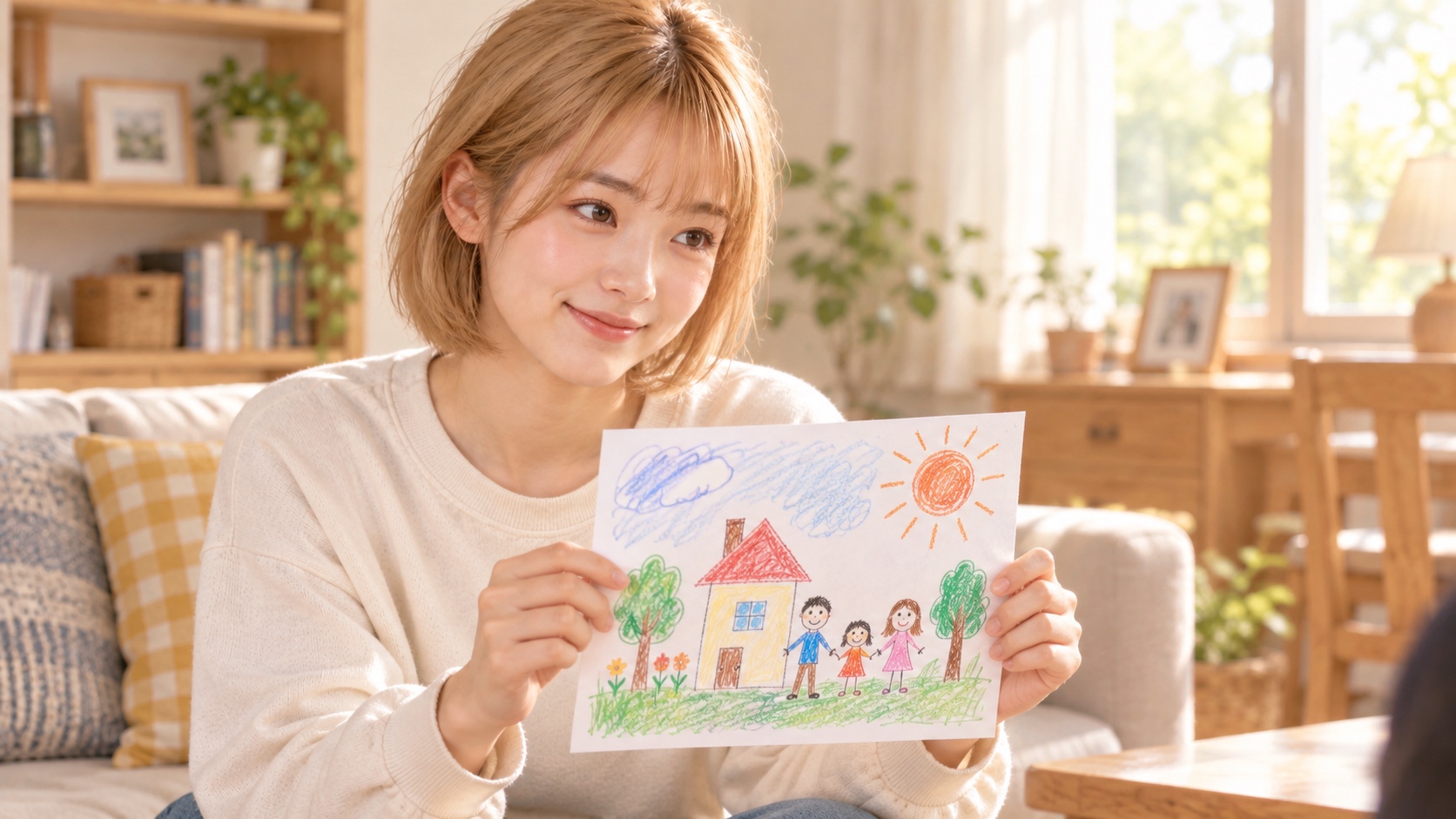 弟が描いた家族の絵を手に笑うHINATA