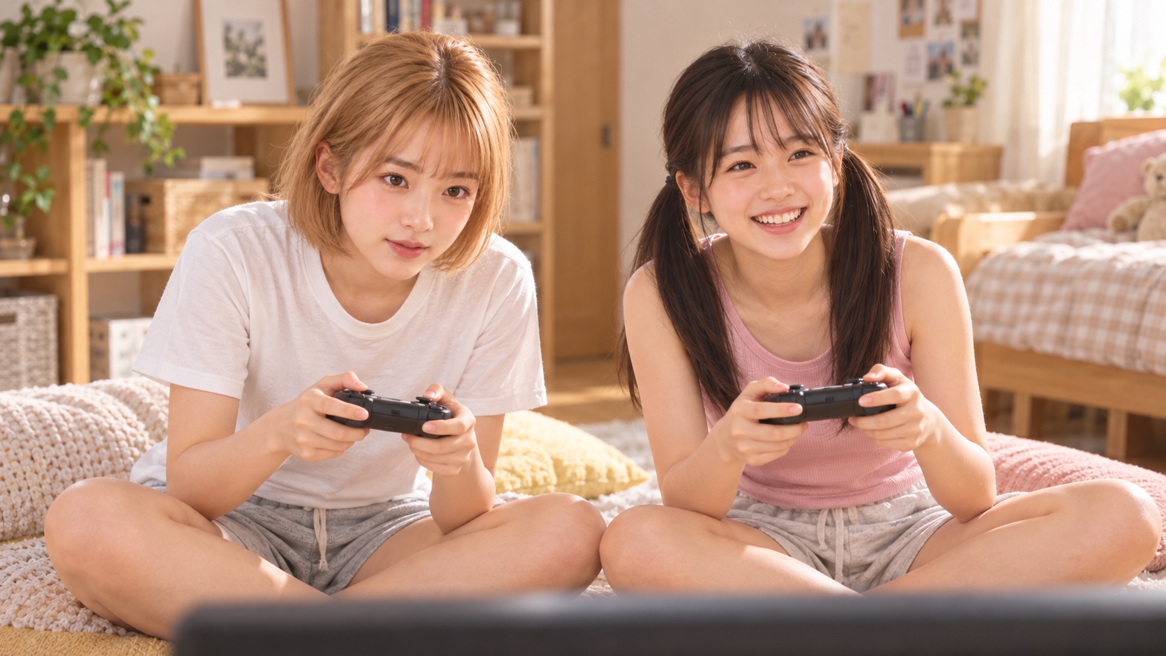 ソファでHINATAとYUMEが並んでゲームを楽しむ場面