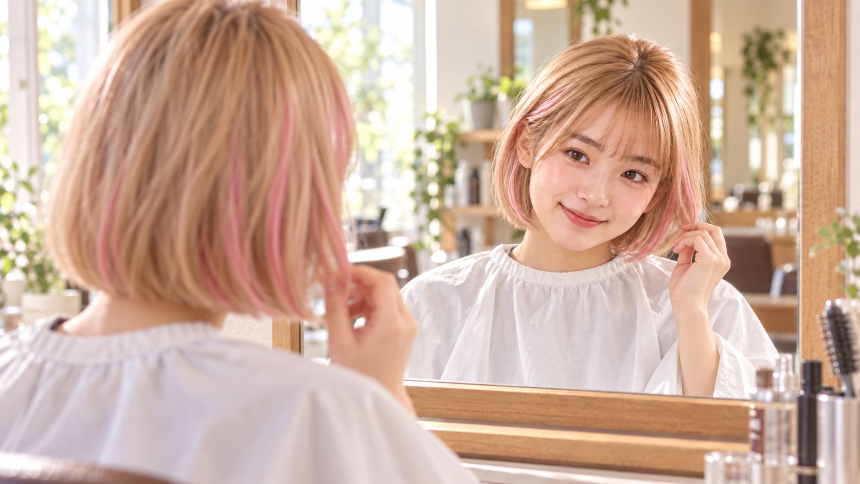 美容室の鏡でピンクのメッシュを入れた髪を確かめるHINATA
