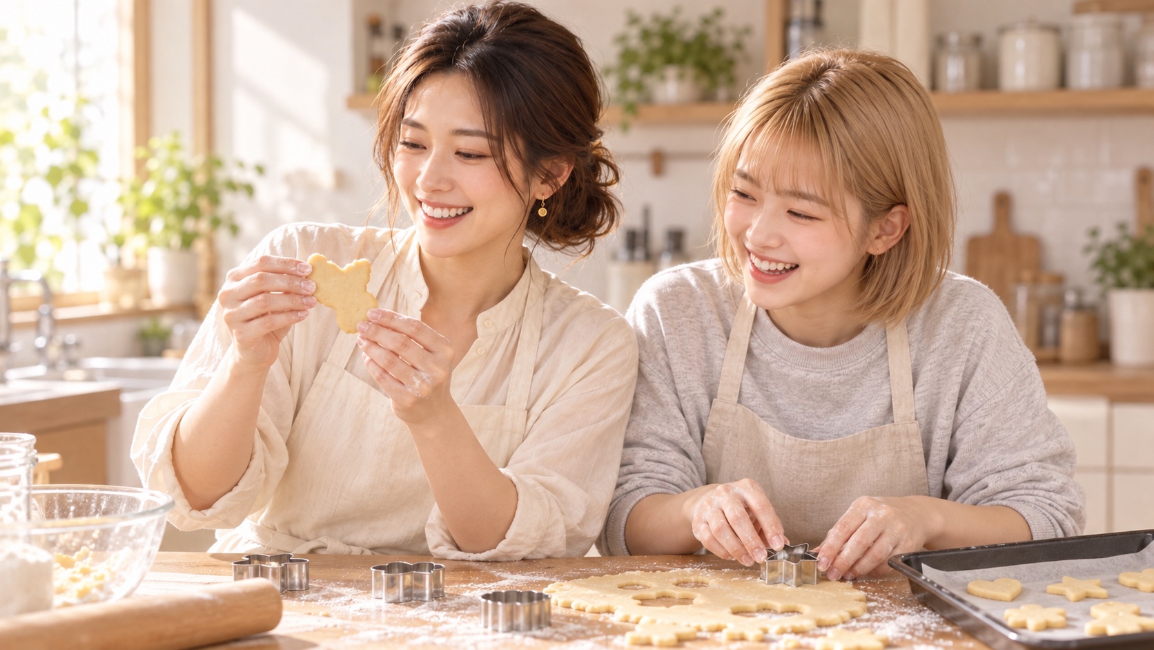 KANNAとHINATAがキッチンでお菓子を作る場面