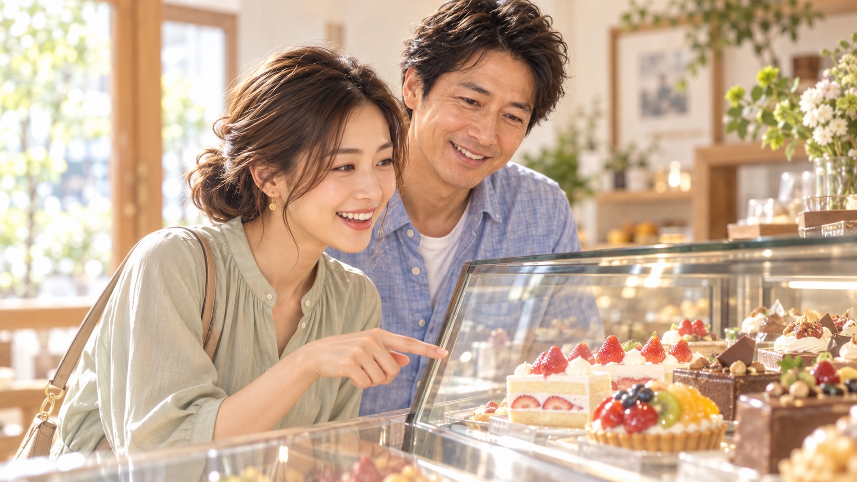 TAKERUとのランチデート帰りに、ケーキショップで目を輝かせてケーキを選ぶKANNA