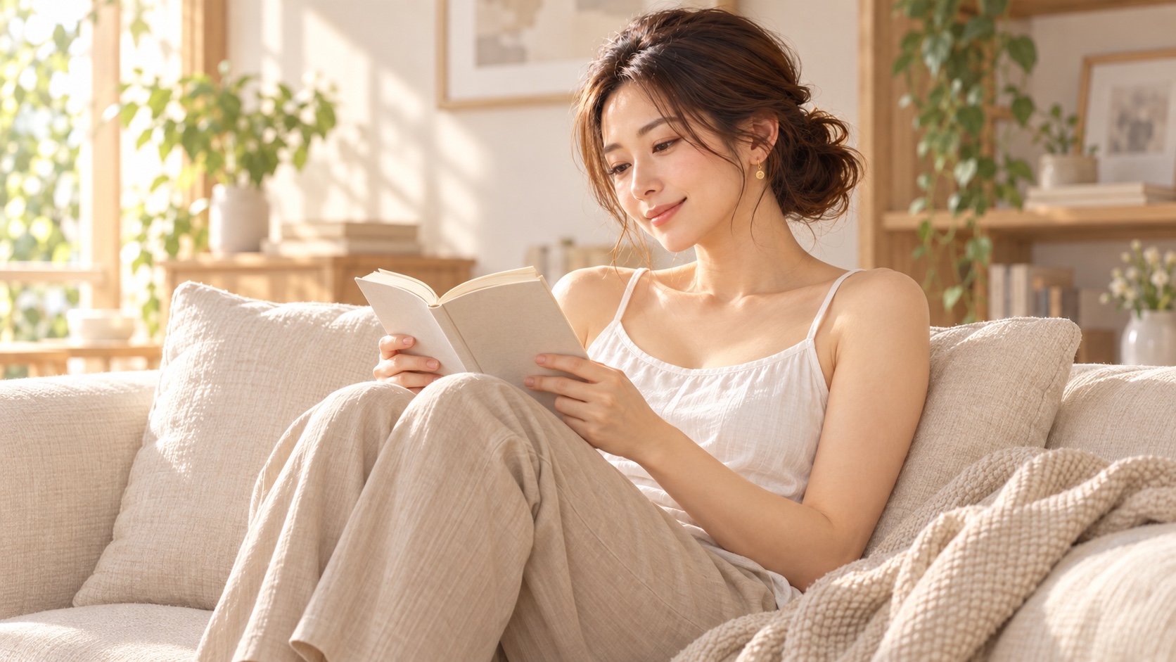 白いキャミソールの部屋着でくつろぎながら本を読むKANNA