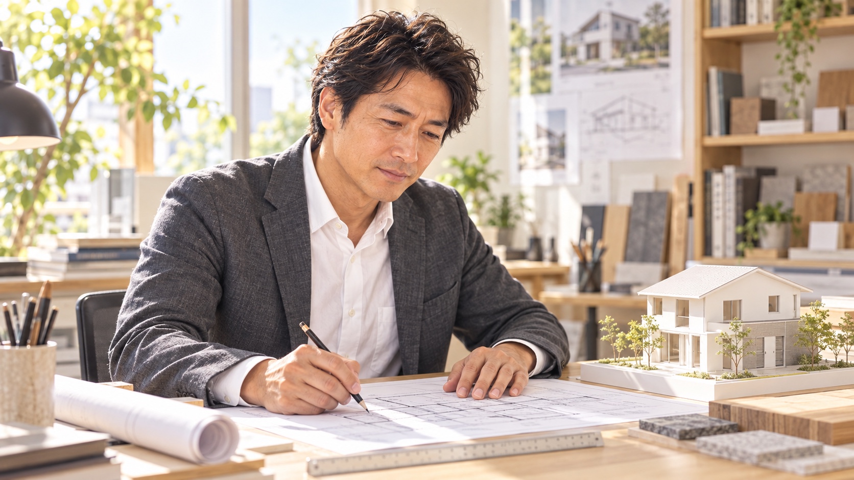 建築事務所で住宅模型と図面を見ながら家を設計する建築士のTAKERU