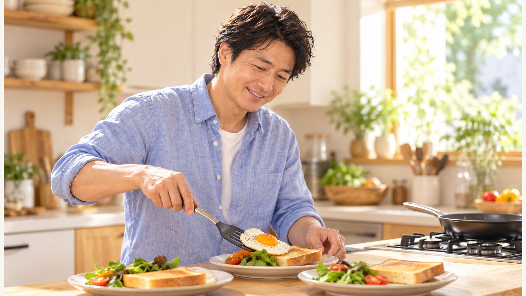 朝食作りの場面に写るTAKERU