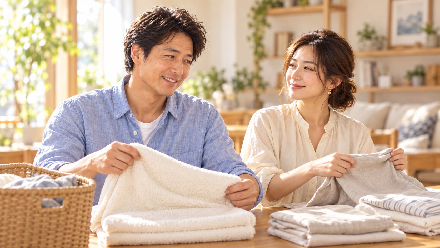 夫婦で洗濯物をたたむの場面に写るKANNA