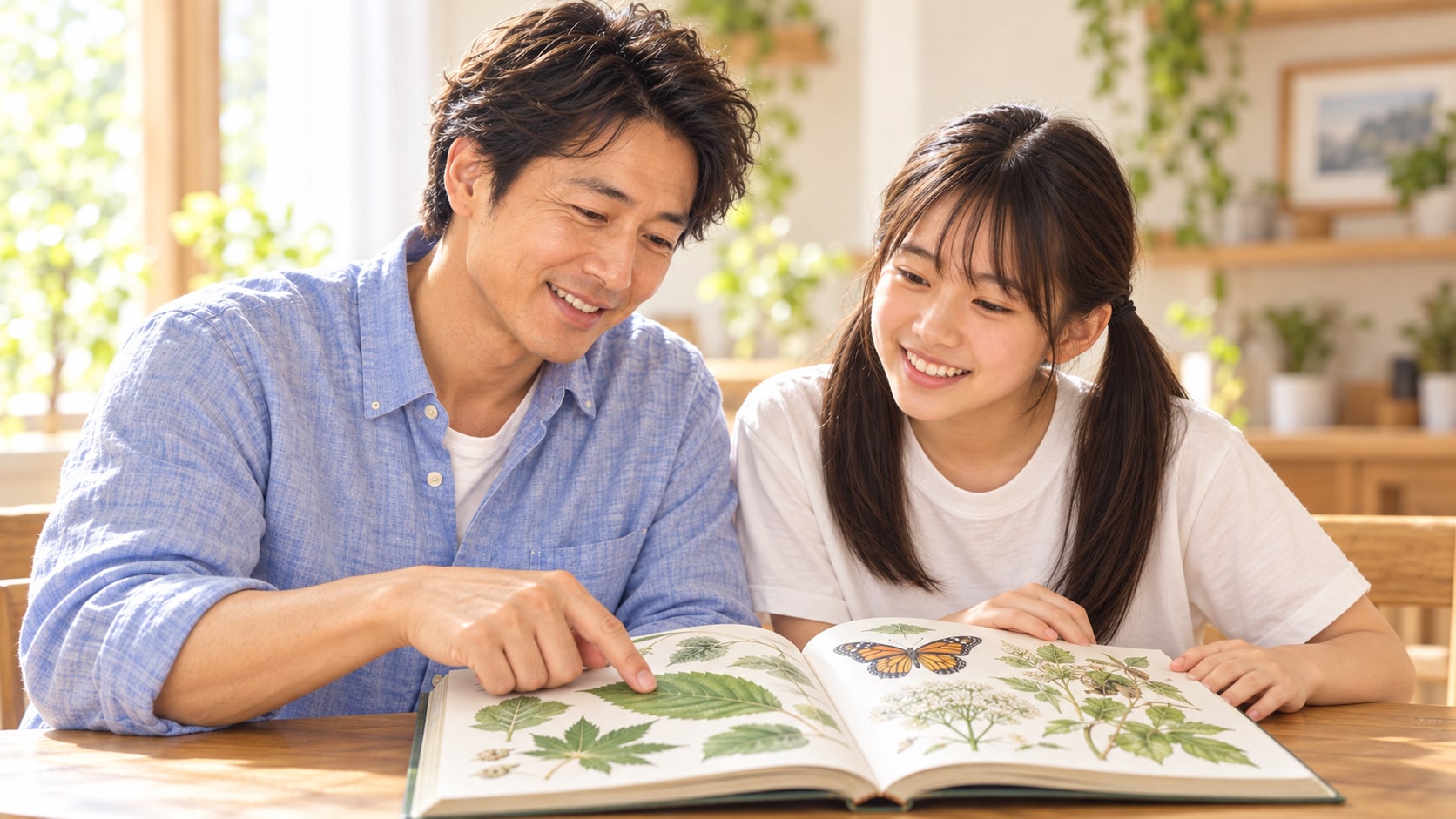 父と自然の本を読むの場面に写るYUME