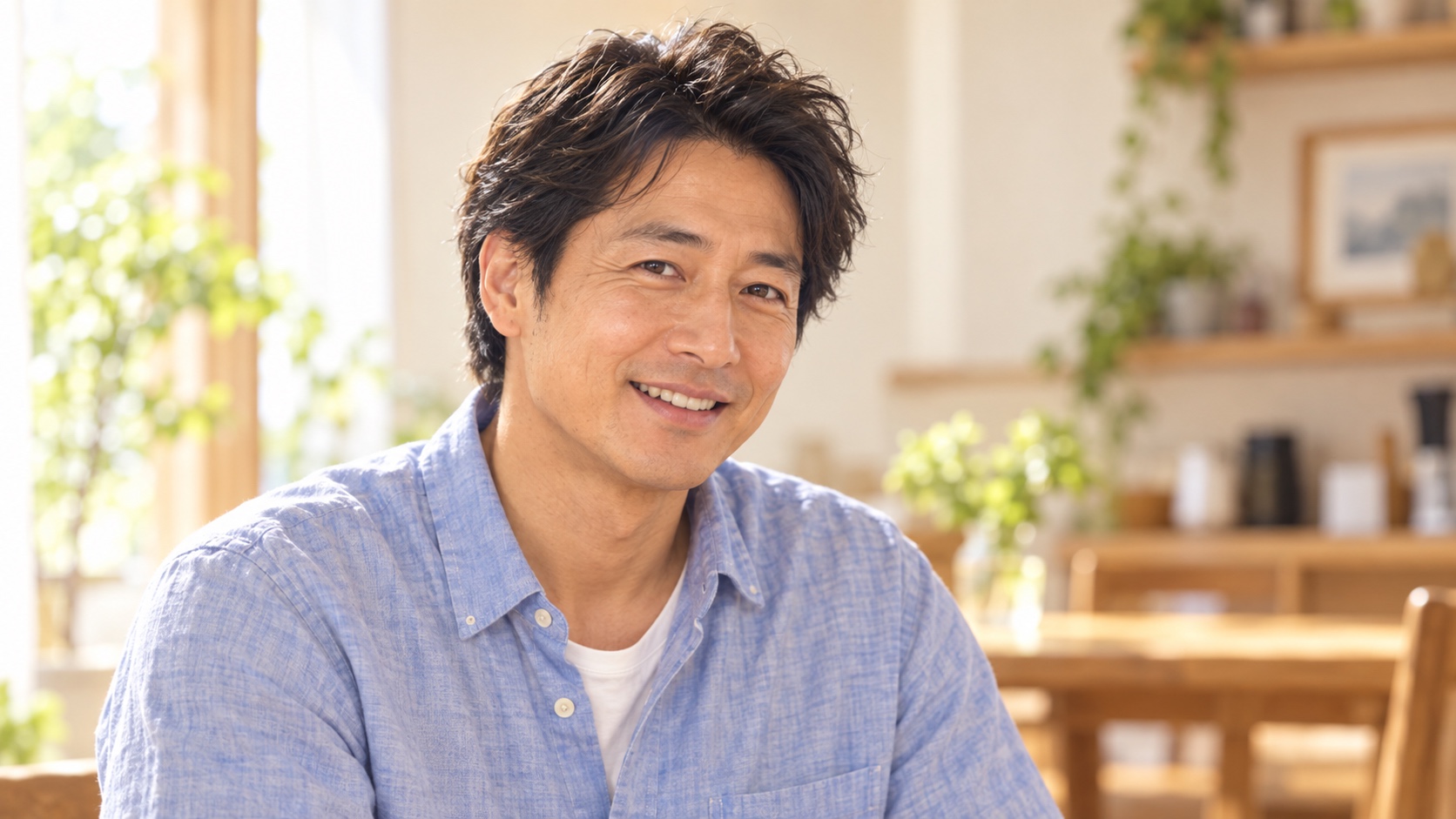水色のシャツを着て穏やかに笑う父、TAKERU