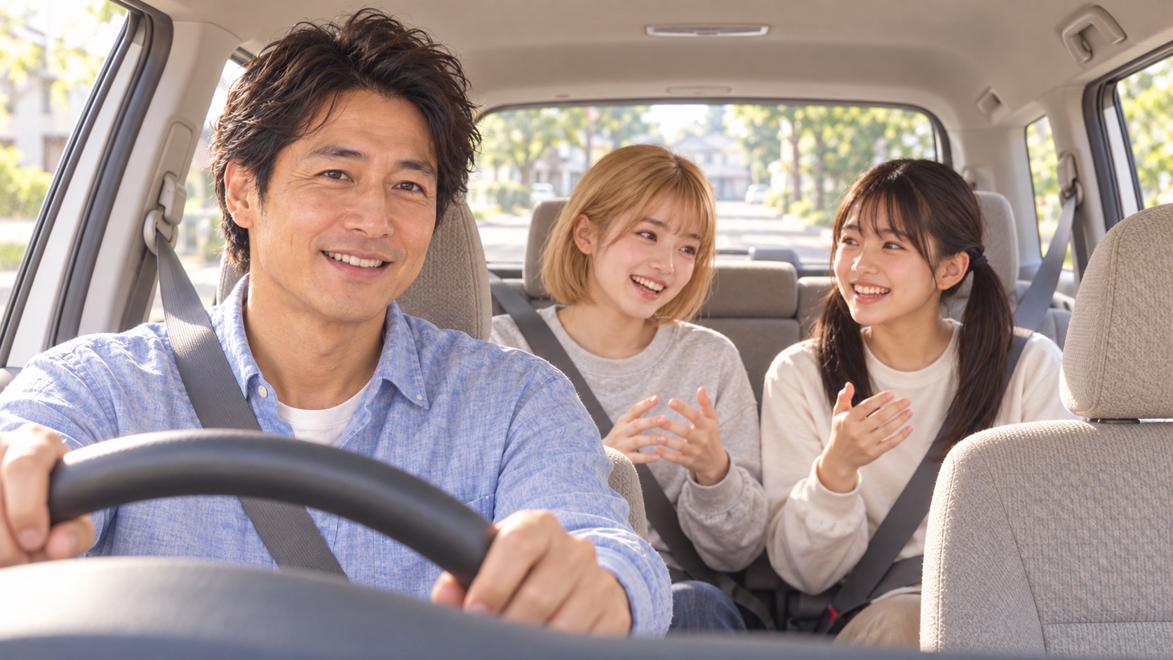 TAKERUが運転する車の後部座席でHINATAとYUMEが笑う場面