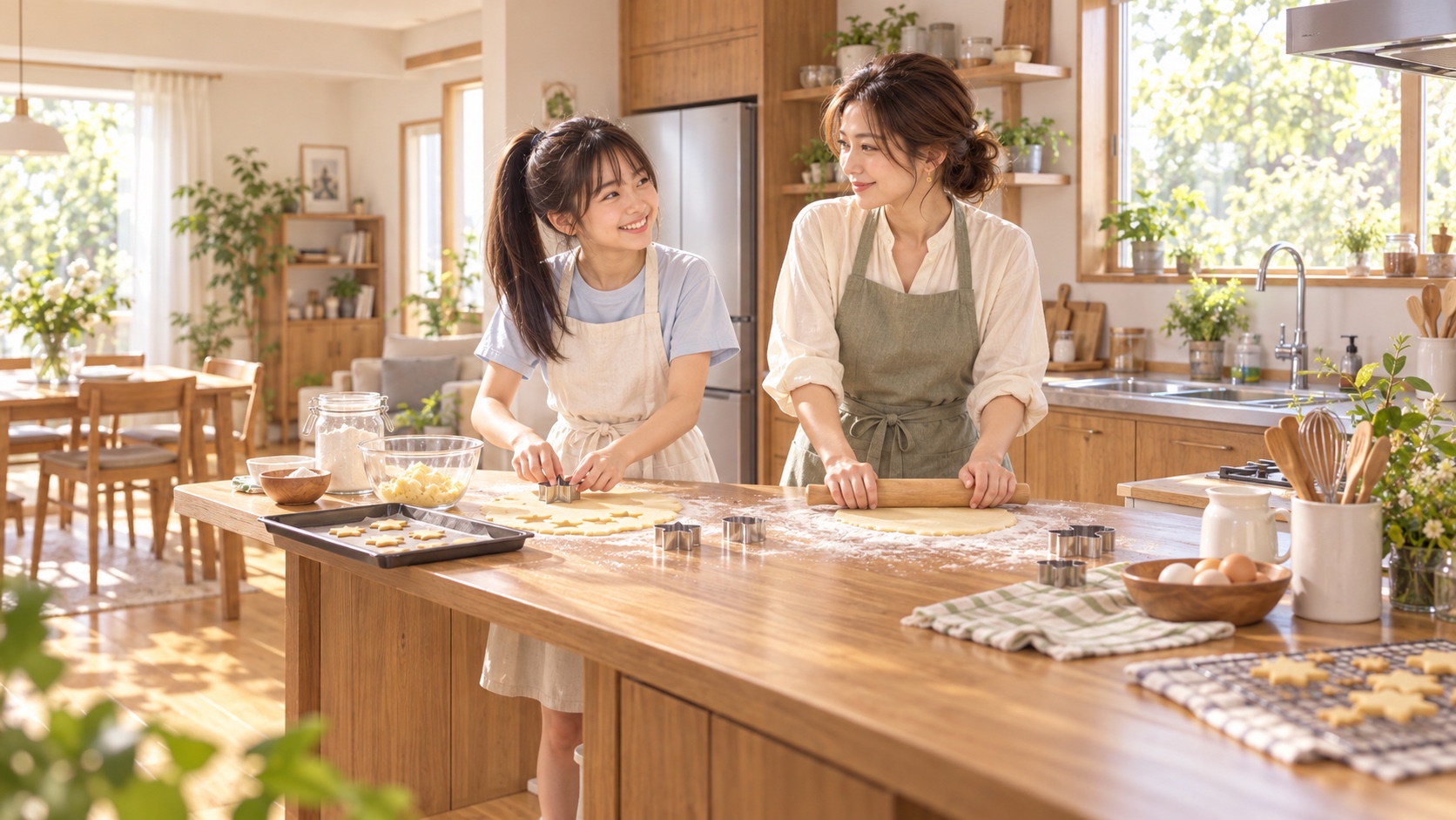 ポニーテールのYUMEが母KANNAとキッチンでクッキーを作る様子