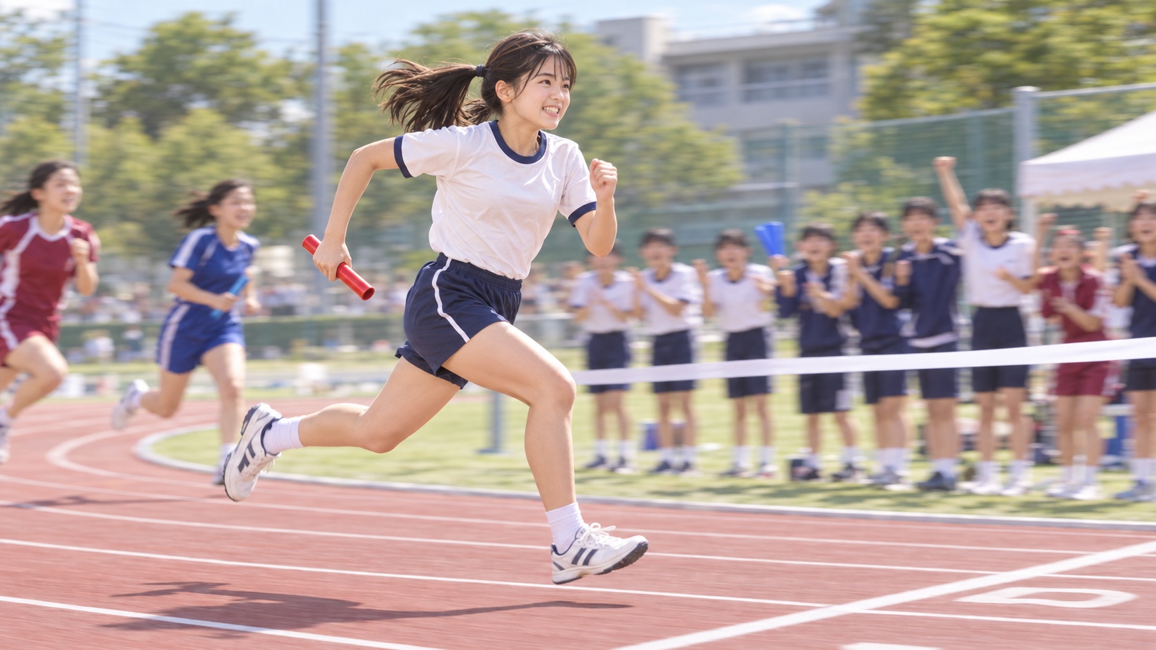 リレーのアンカーの場面に写るYUME