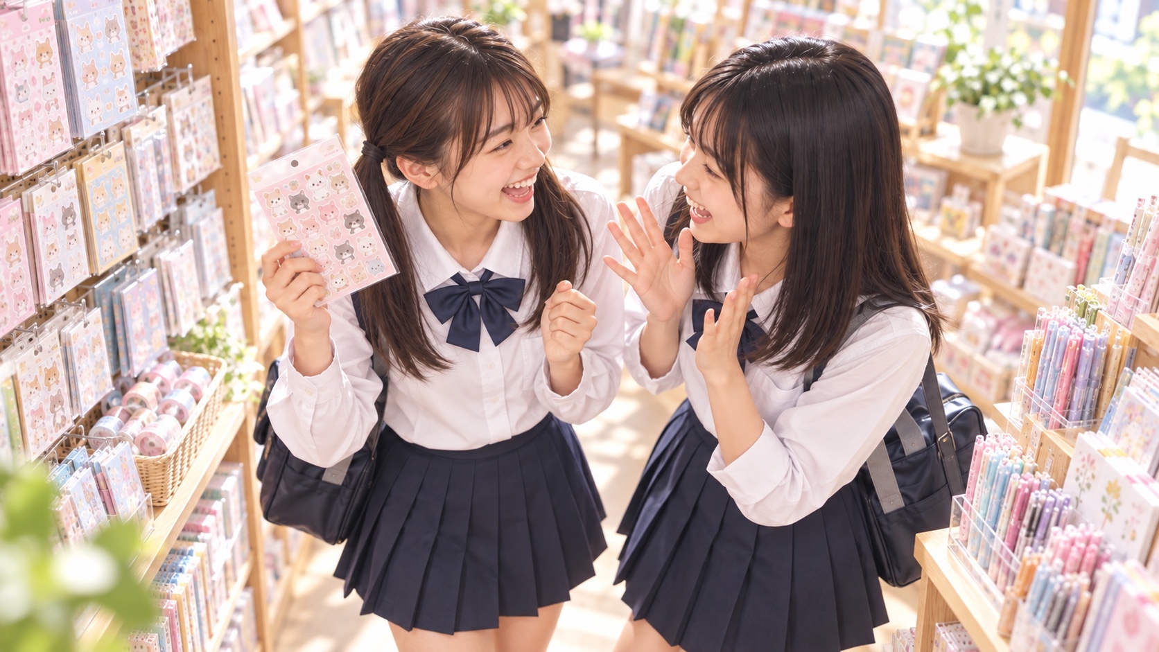 文具店で同級生とシールを見せ合い、大笑いするYUME