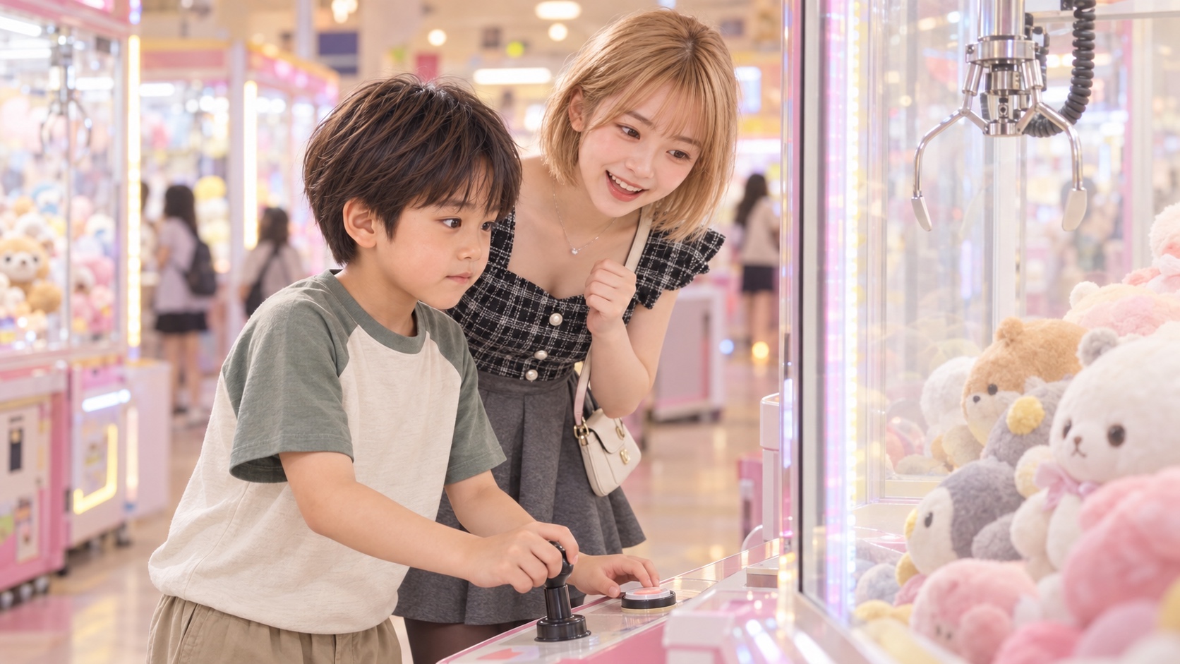 クレーンゲームに挑戦するYUTAを後ろから応援するHINATA