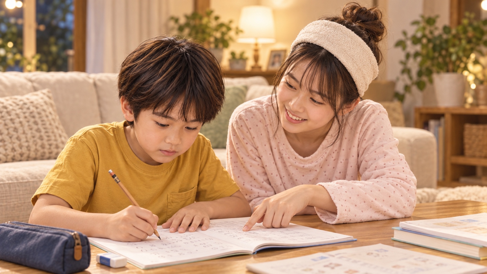 リビングでYUMEに教わりながら宿題に取り組むYUTA