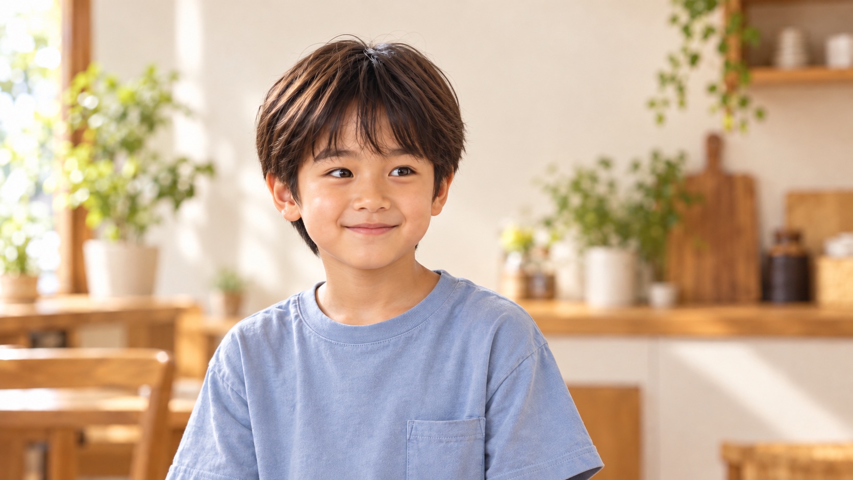 淡いブルーのTシャツを着て、少し横を向き口を閉じて微笑む長男、YUTA