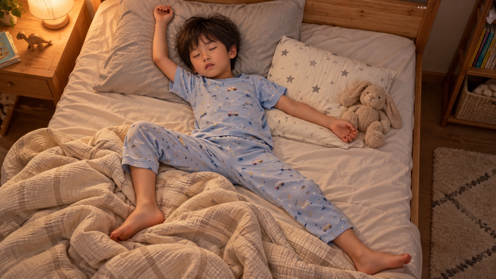 遊び疲れ、ベッドで大きく手足を広げて眠るYUTA
