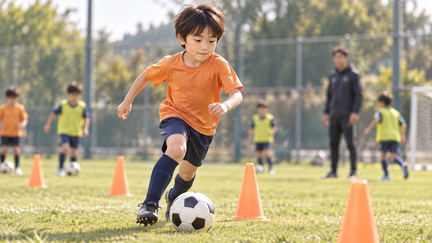 サッカースクールで懸命にドリブルするYUTA