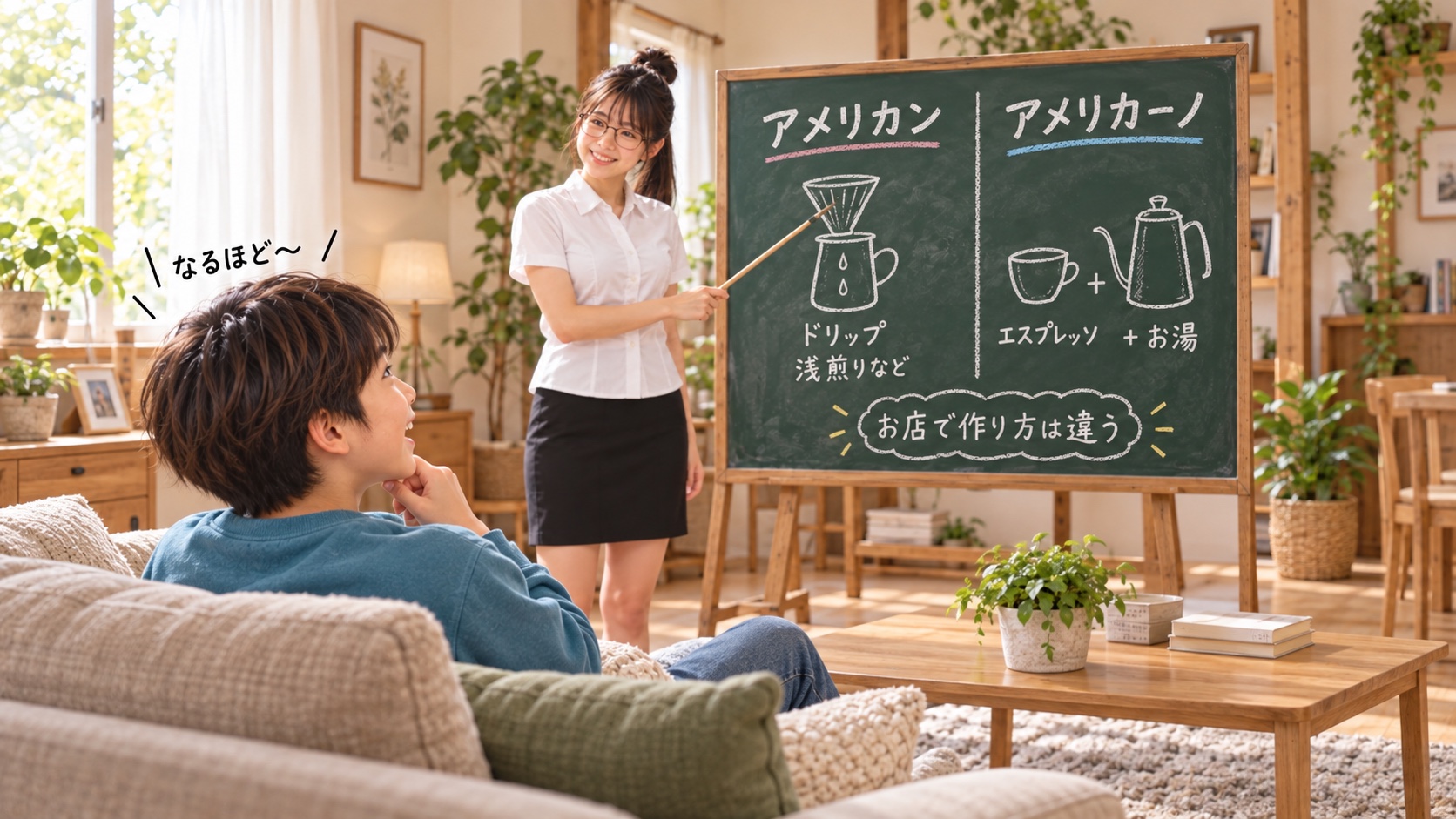 壁際の黒板でYUMEがアメリカンとアメリカーノの違いを説明し、手前のソファに座るYUTAが驚いて聞いている