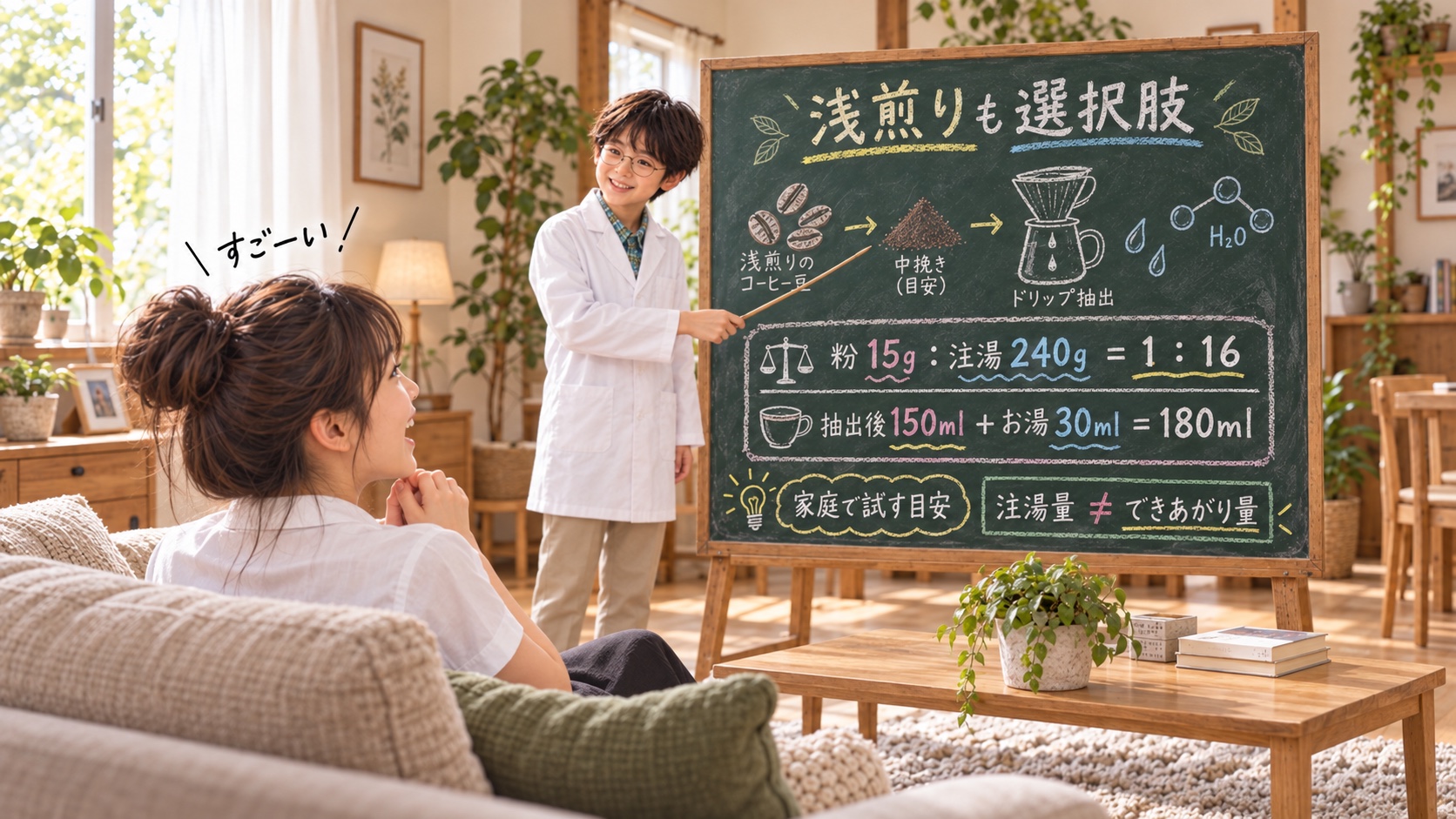 白衣姿のYUTAが壁際の黒板で粉量と湯量を説明し、手前のソファに座るYUMEが感心して聞いている