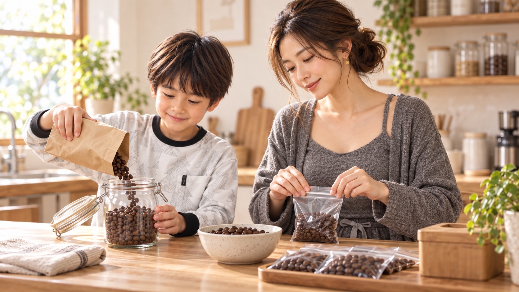 YUTAが保存容器にコーヒー豆を入れ、KANNAが小分け袋を閉じる場面