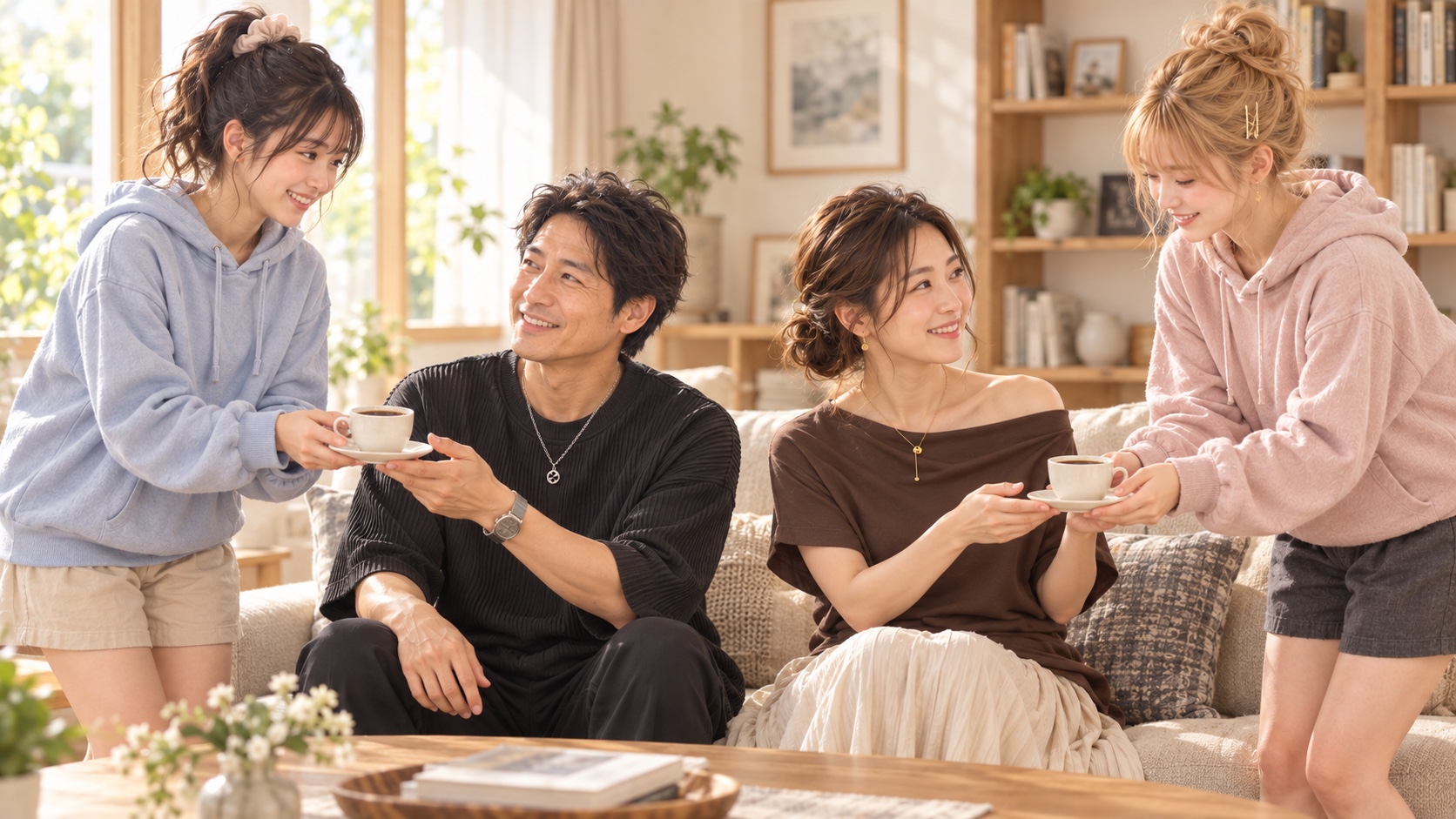 リビングでYUMEがTAKERUへ、HINATAがKANNAへ淹れたコーヒーを差し出し、2人が嬉しそうに受け取る場面