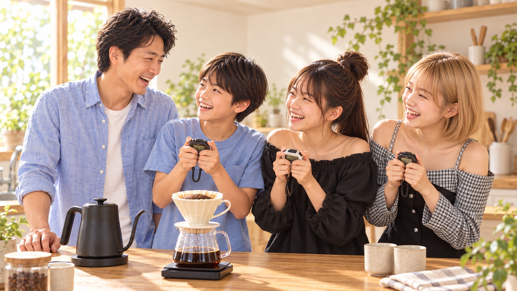 各自のストップウォッチを持つHINATA、YUME、YUTAに見守られ、蒸らしを待ちながら笑うTAKERU