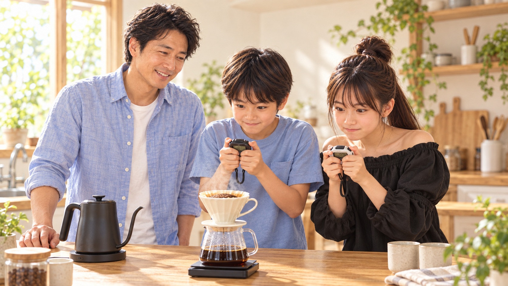 TAKERUが淹れるコーヒーを、ストップウォッチを持つYUTA・YUMEと右側のHINATAが見守る場面