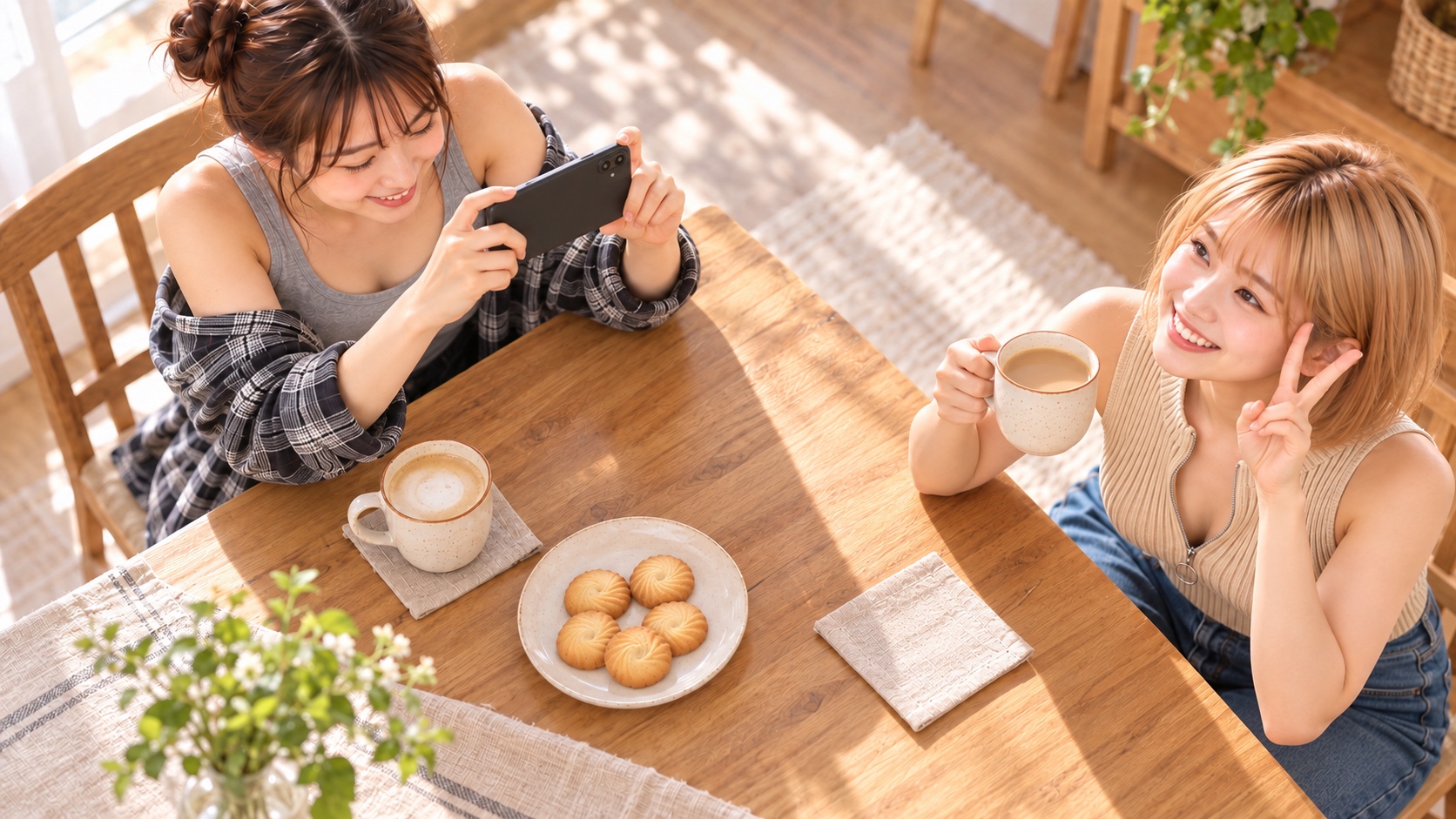 カフェオレを持って笑顔でピースするHINATAを、YUMEがスマホで撮影する場面