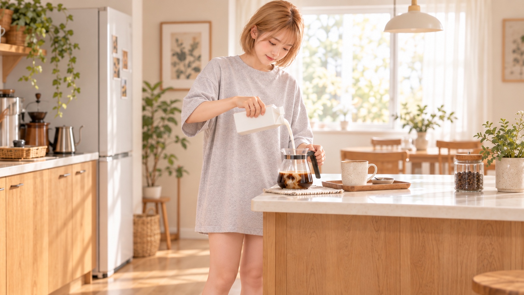 キッチンでグレーの部屋着を着たHINATAが、牛乳パックからサーバーのコーヒーへ牛乳を注ぐ場面