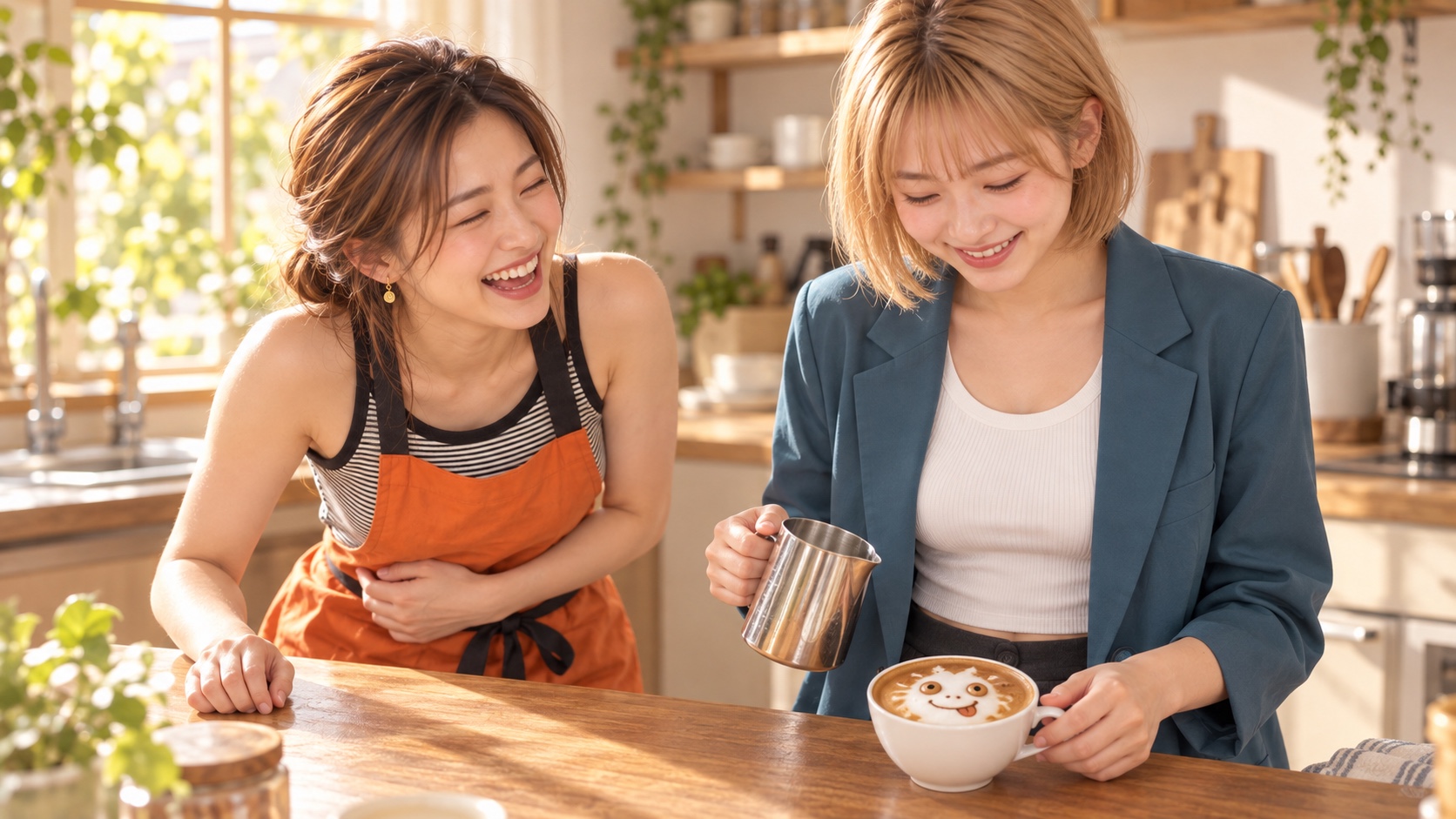 とぼけた顔のラテアートを作って照れ笑いする家族と、その出来上がりを見て大笑いする家族。