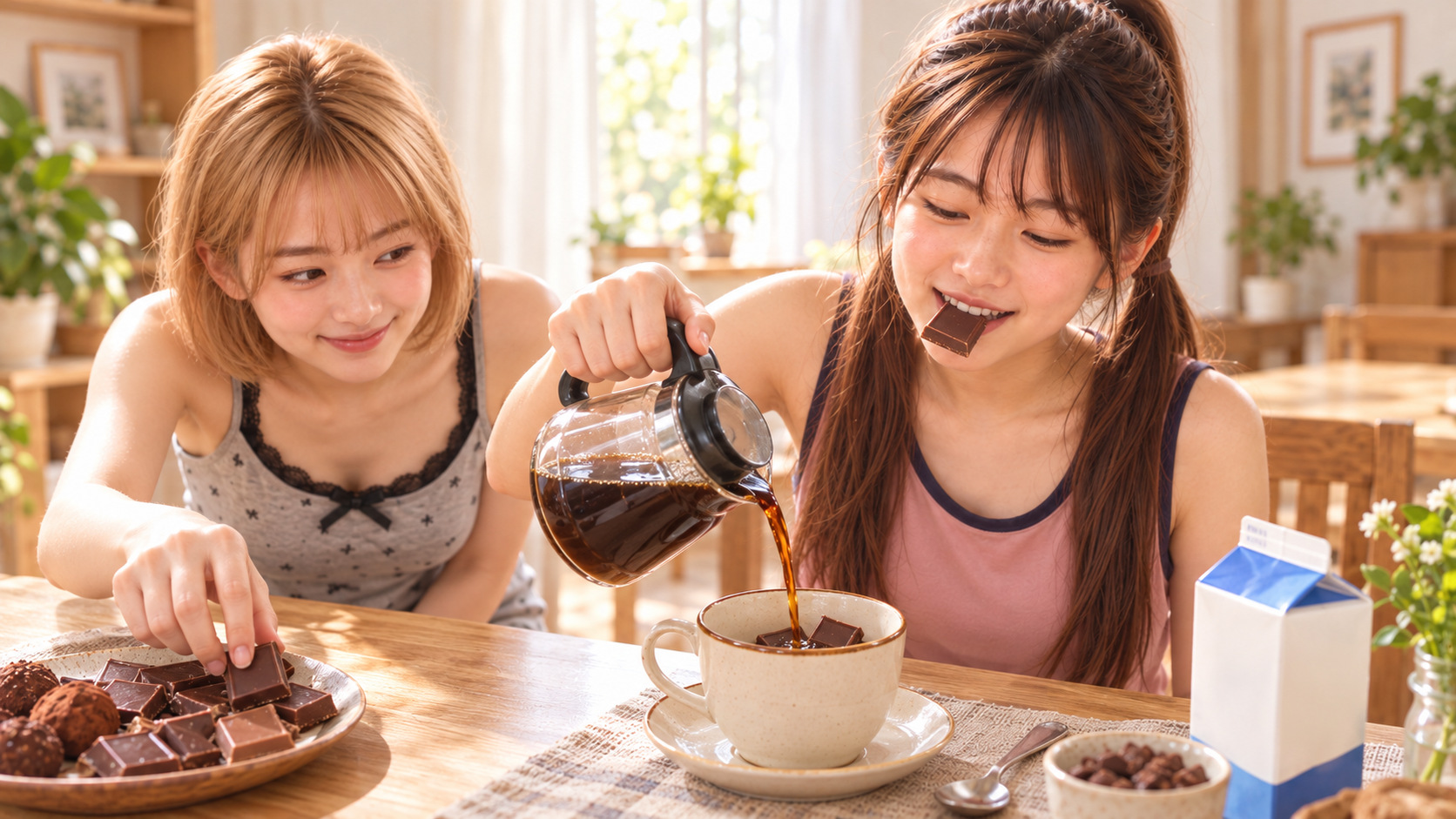 チョコを口に挟んだYUMEが板チョコ入りのカップへコーヒーを注ぎ、左側からHINATAがチョコをつまみぐいする。テーブルには牛乳パック。