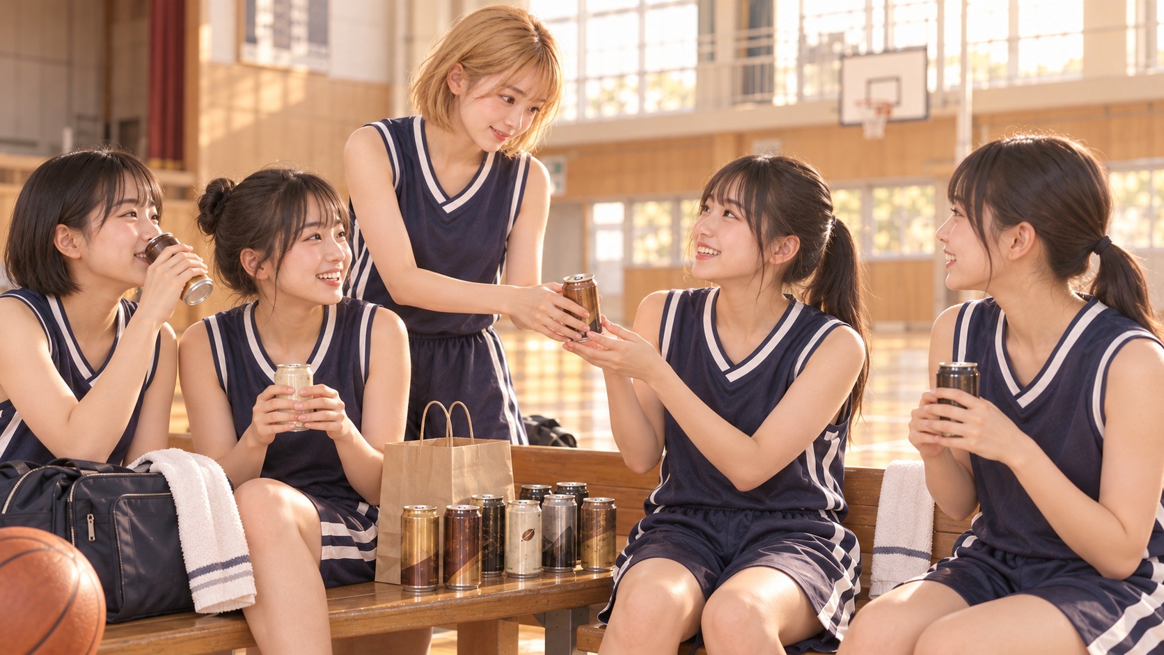 金髪ボブの人物が買ってきた缶コーヒーを女子バスケ部のメンバーに配り、体育館脇のベンチで一緒に楽しむ場面。