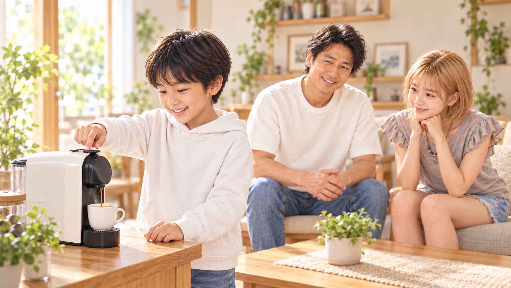 リビングの椅子に座るTAKERUとHINATAが見守る中、カプセル式マシンのボタンを押してコーヒーを淹れるYUTA