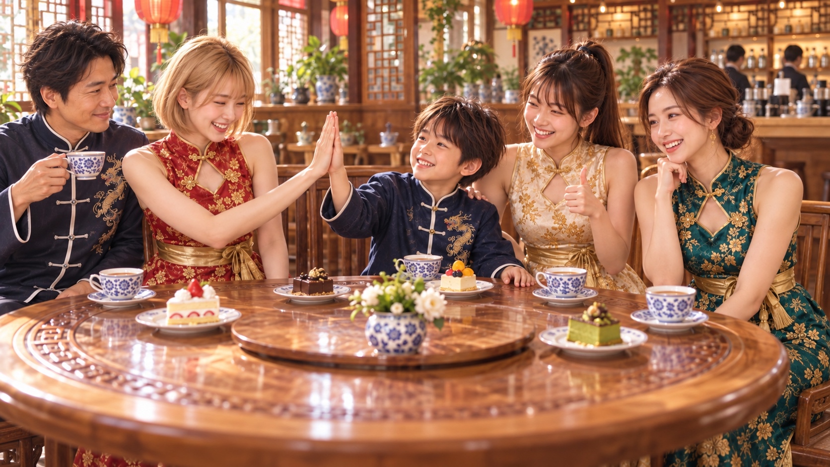 中国風カフェで姉とハイタッチする弟と、笑顔で親指を立てる妹を両親が見守る場面