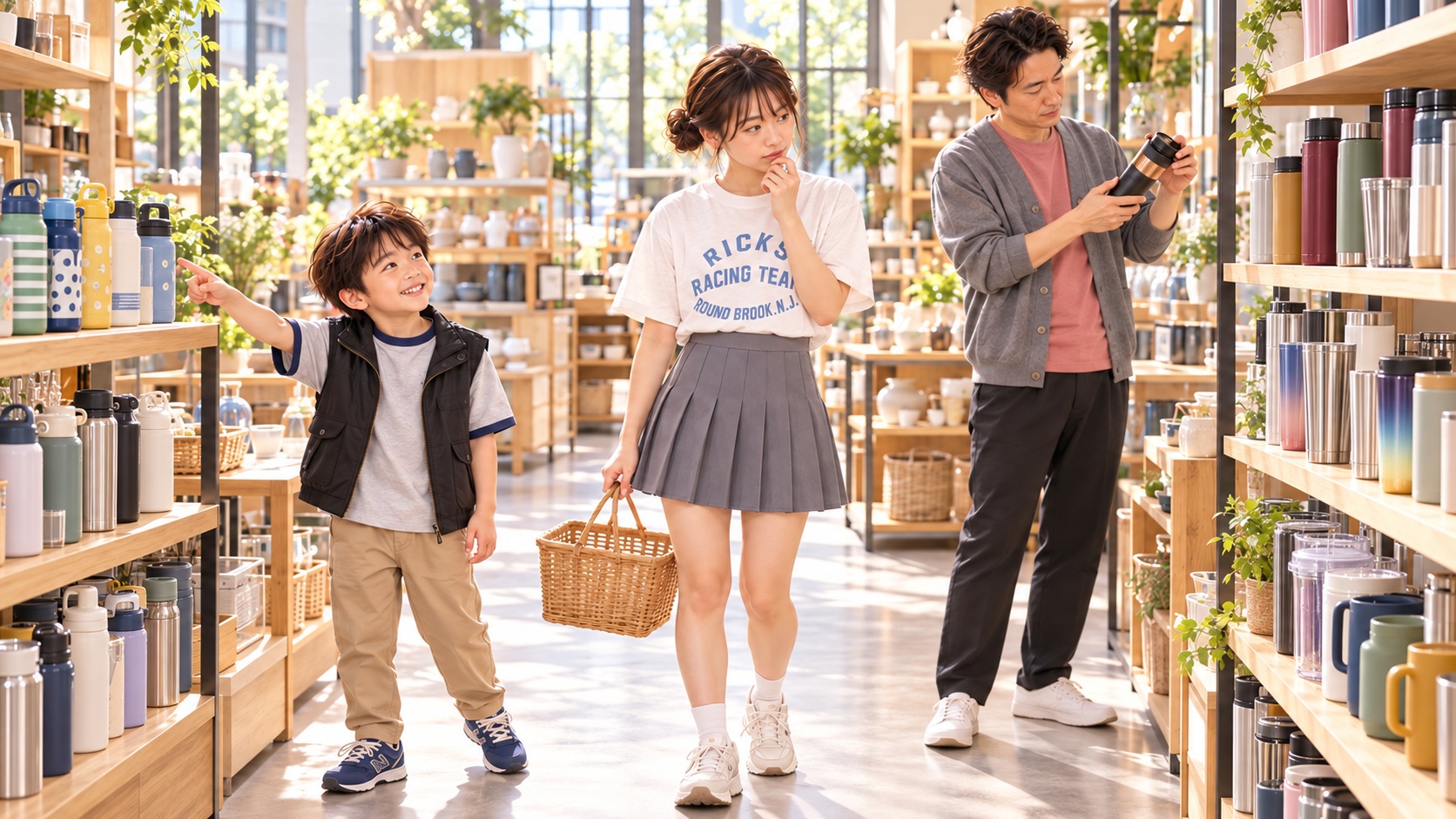 多彩なタンブラーや水筒が並ぶ雑貨ショップで、迷う姉と即決した弟、フタを吟味する父