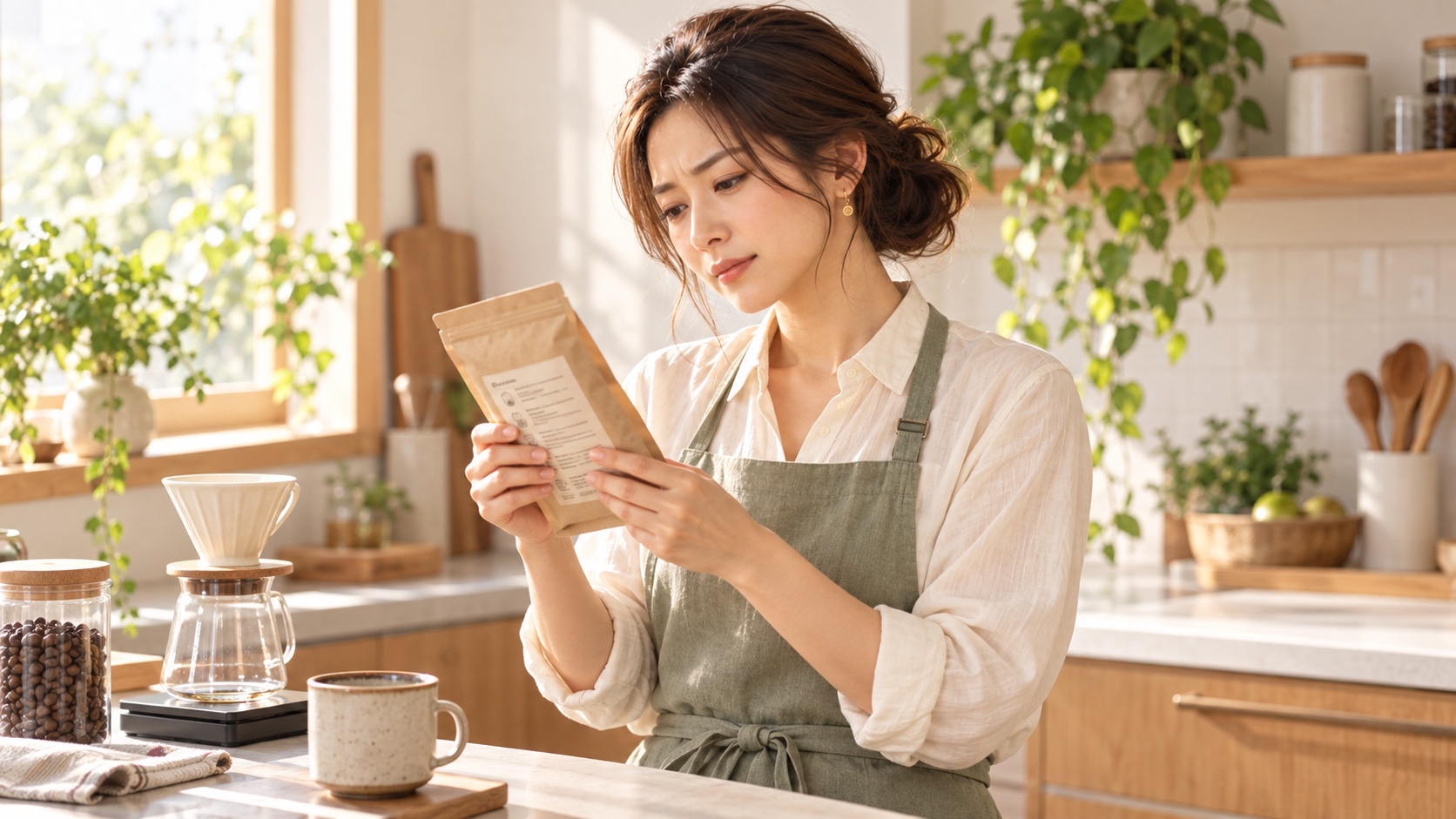 コーヒー豆の袋の裏面を真剣に読み、湯量の表示について考える母
