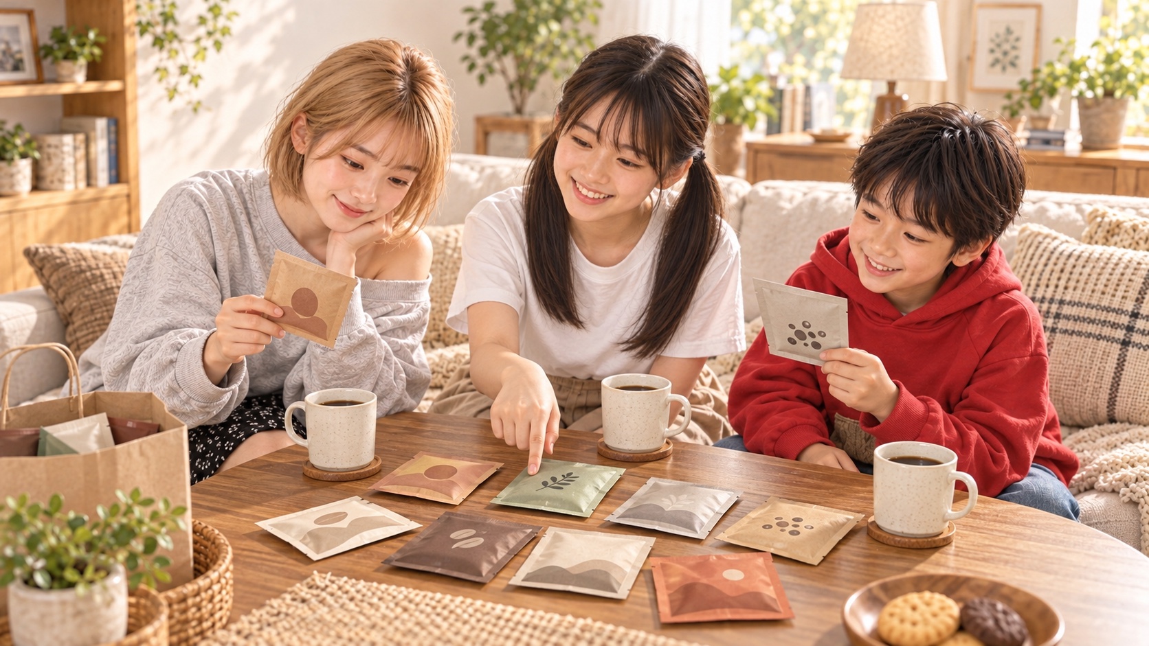 リビングのテーブルにドリップバッグを広げ、HINATA・YUTA・YUMEが選んでいる