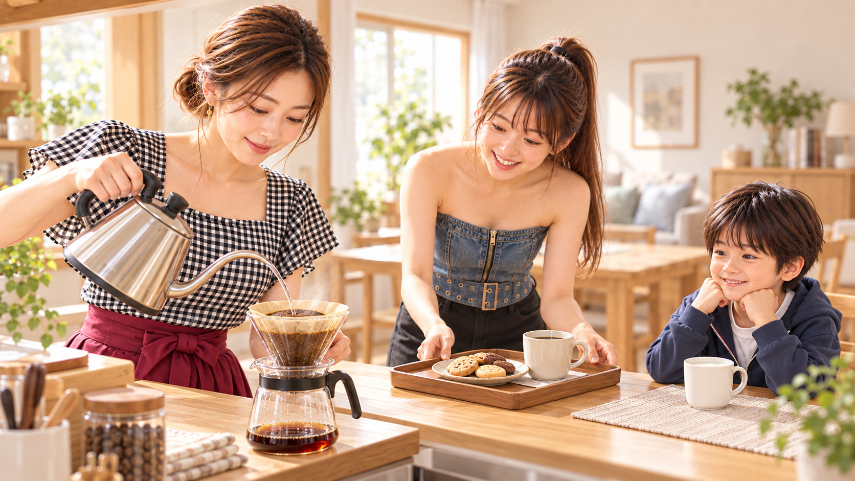 おうちカフェを楽しむ家族。KANNAが細口ケトルでコーヒーを淹れ、YUMEがトレーにおやつを用意し、紺のパーカー姿のYUTAがミルクを前に笑顔で待っている。