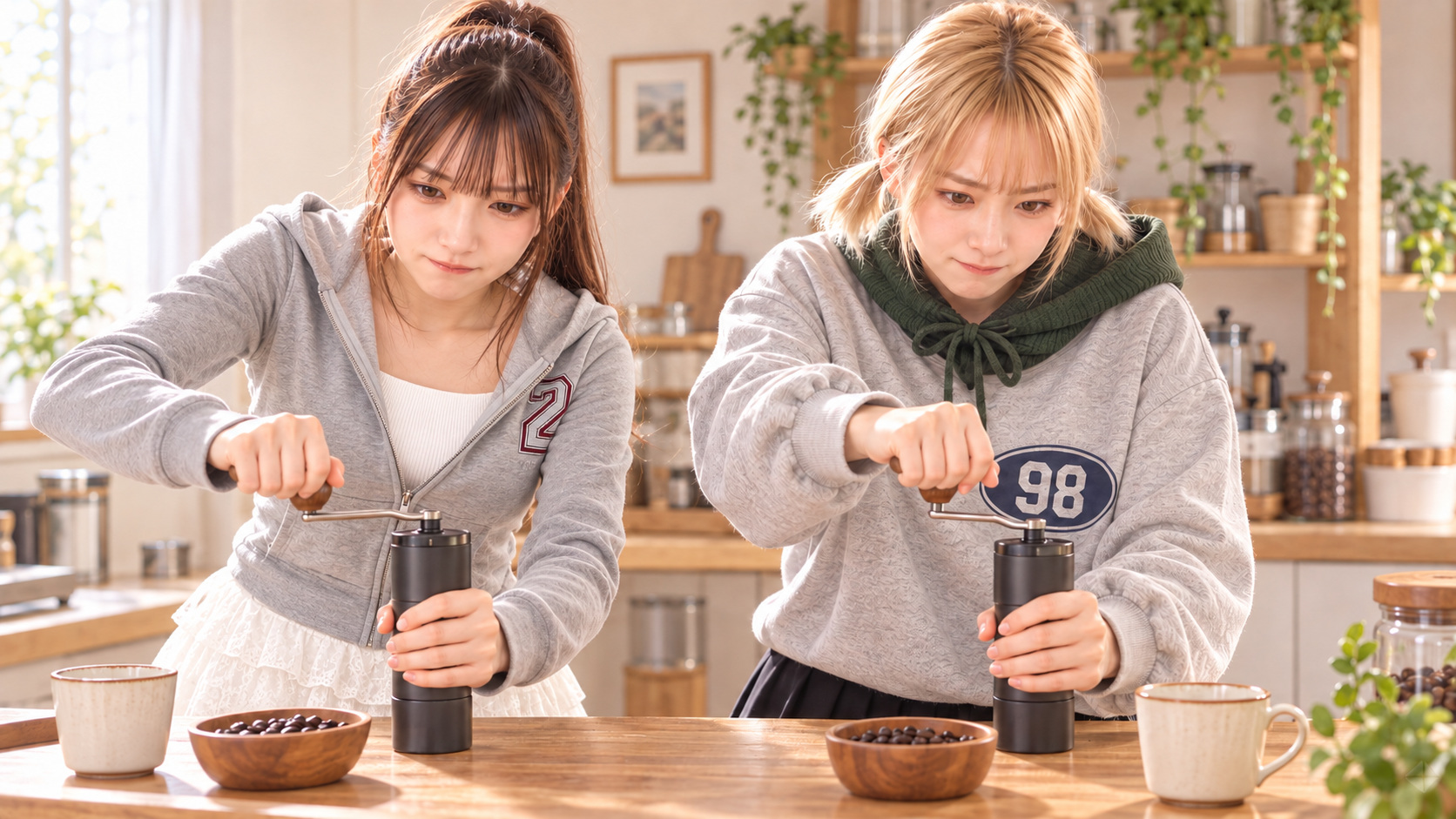 茶髪ポニーテールでグレーのパーカー姿のYUMEと金髪ツインテールのHINATAが横に並び、真剣な表情でそれぞれの手挽きミルを回して、どちらが早く挽けるか競っている。