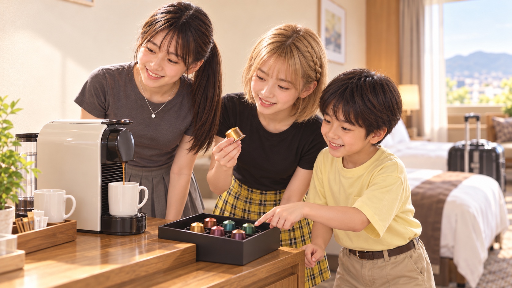 ホテルの客室でYUMEがマシンのコーヒー抽出を見守り、金髪ボブを編んで留めたHINATAと黄色い五分袖TシャツのYUTAがカプセルを選ぶ場面