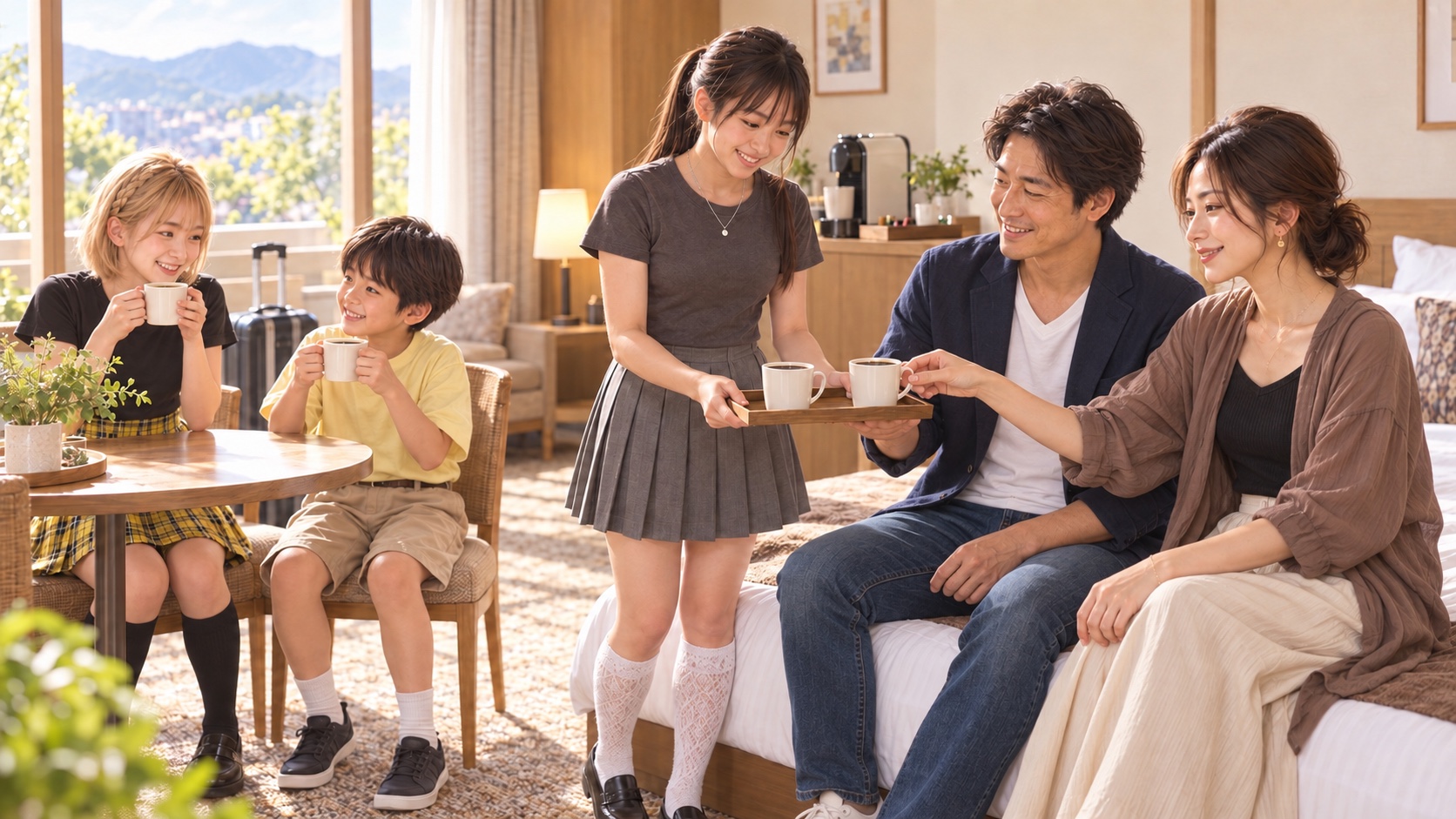 ホテルのベッドに座るTAKERUとKANNAへYUMEがコーヒーを渡し、HINATAとYUTAがテーブルでコーヒーを楽しむ家族旅行の場面
